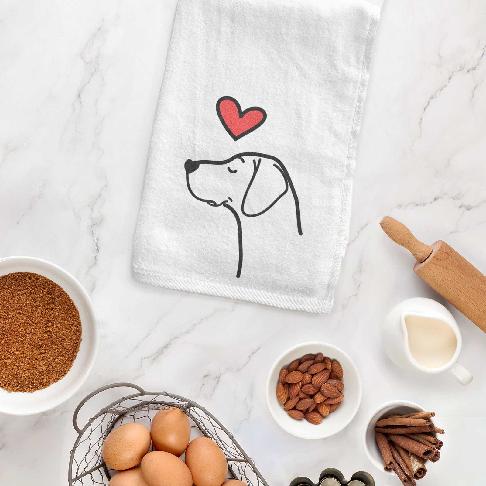 Minimalist line drawing of a German Shorthaired Pointer with a red heart on a decorative hand towel