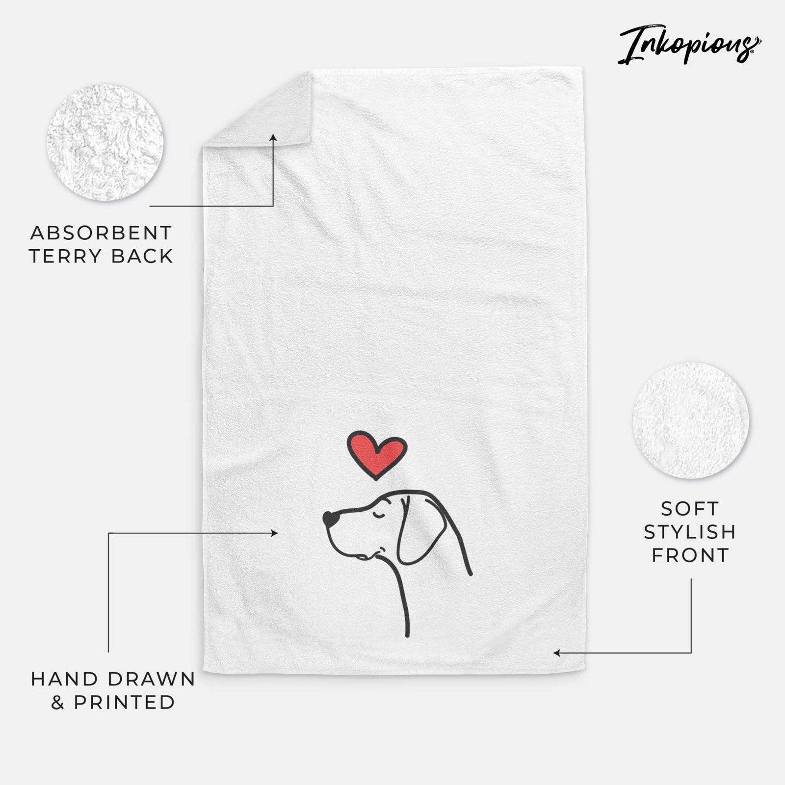 Minimalist line drawing of a German Shorthaired Pointer with a red heart on a decorative hand towel