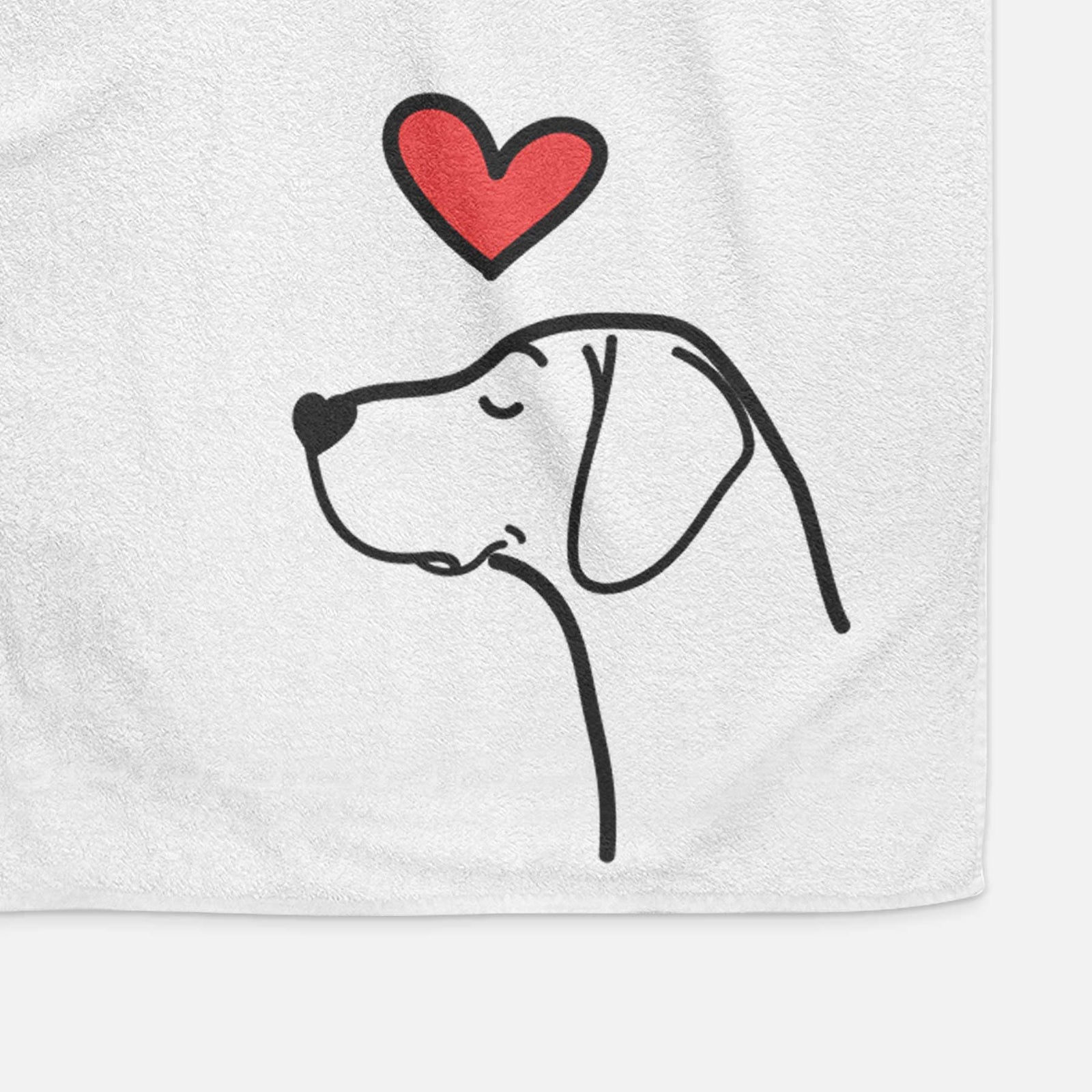 Minimalist line drawing of a German Shorthaired Pointer with a red heart on a decorative hand towel
