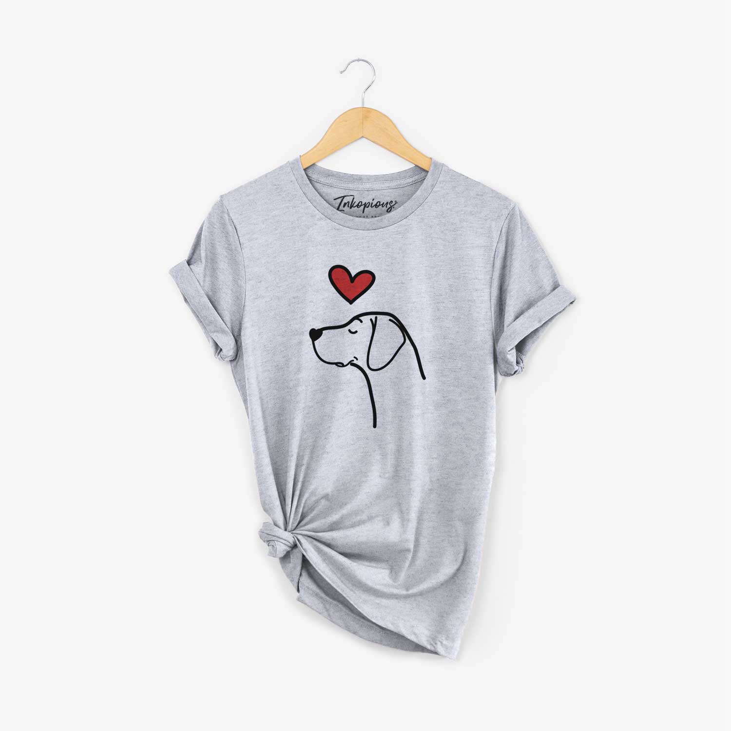 Minimalist line drawing of a German Shorthaired Pointer with a red heart on a Grey Unisex crewneck