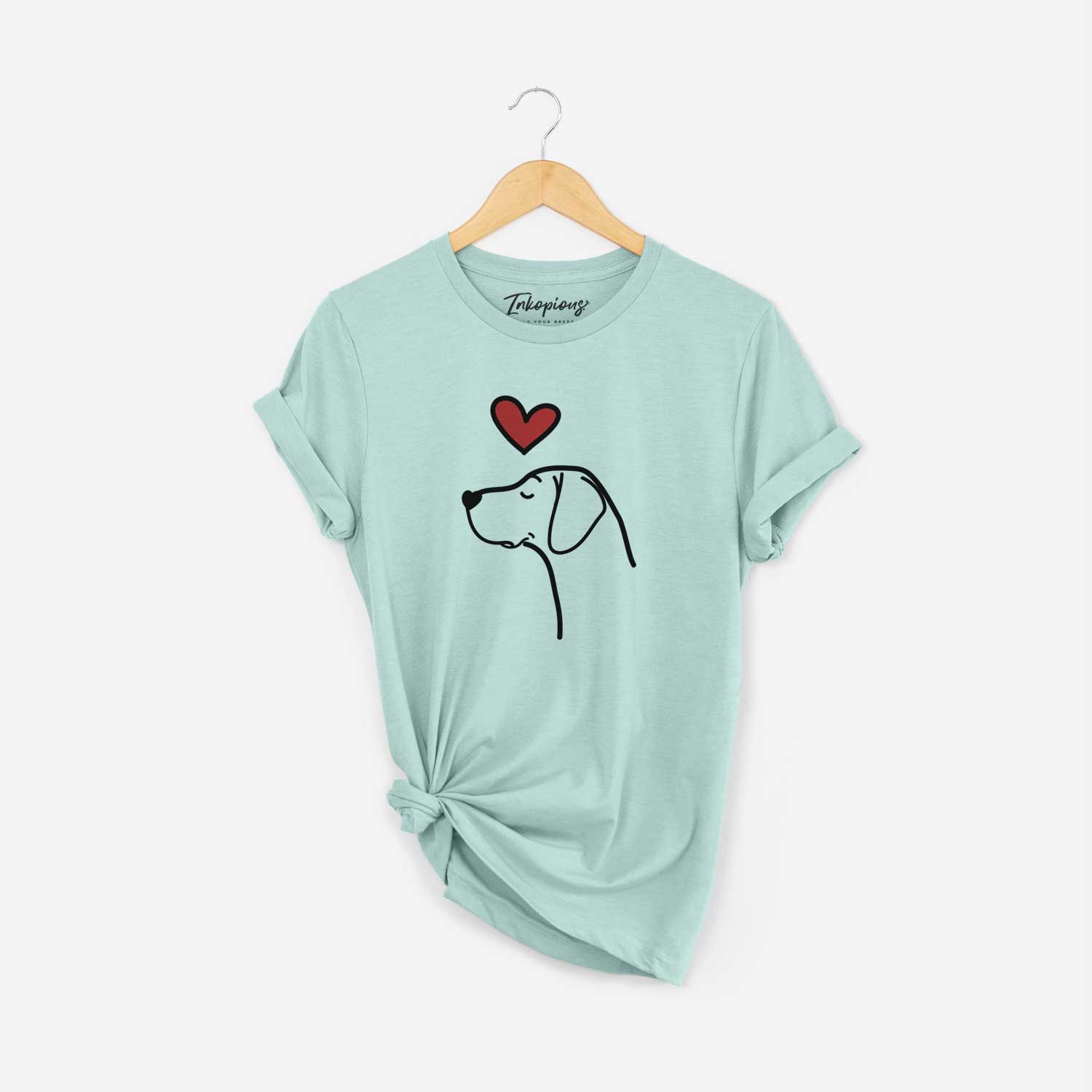 Minimalist line drawing of a German Shorthaired Pointer with a red heart on a Heather Sage Unisex crewneck