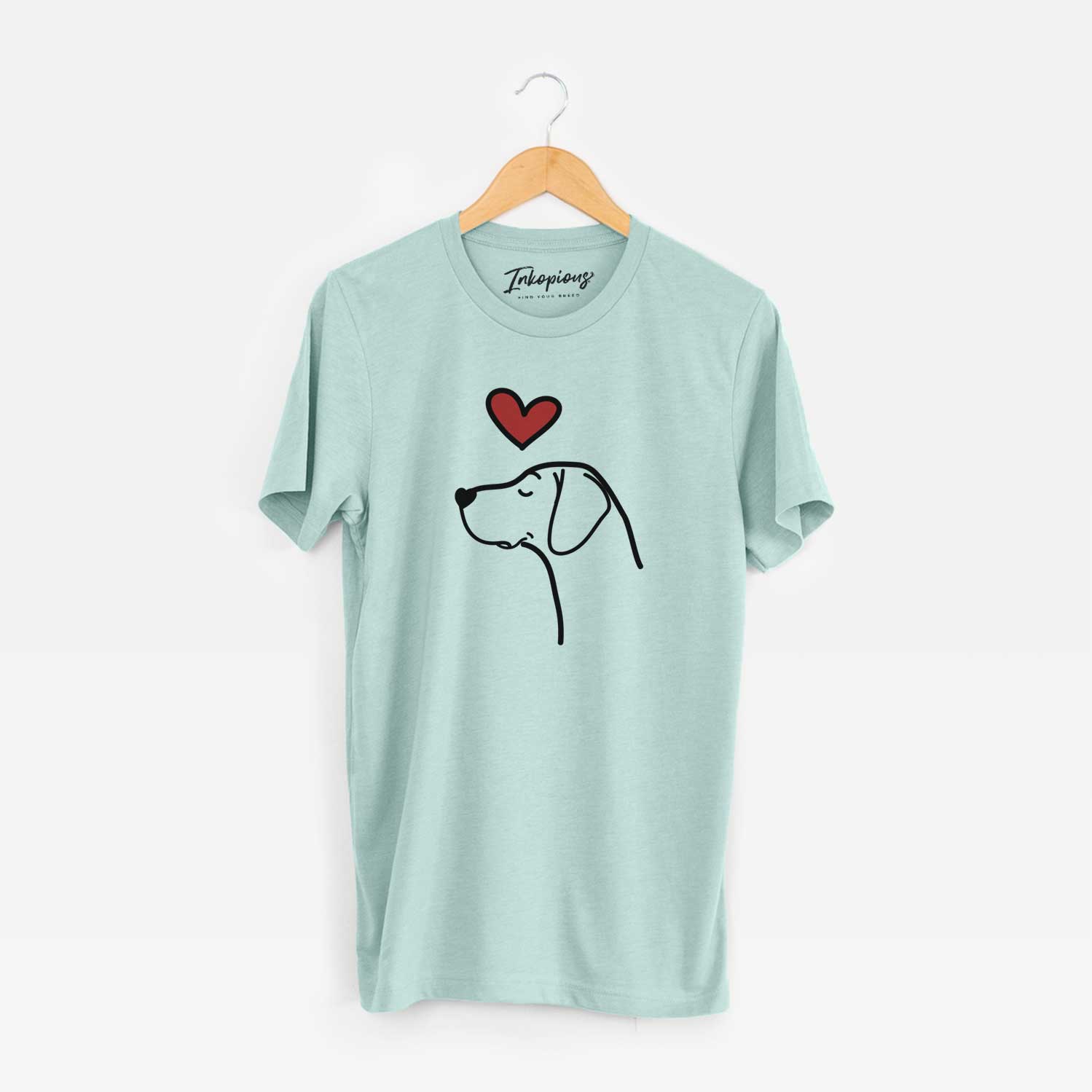 Minimalist line drawing of a German Shorthaired Pointer with a red heart on a Heather Sage Unisex crewneck