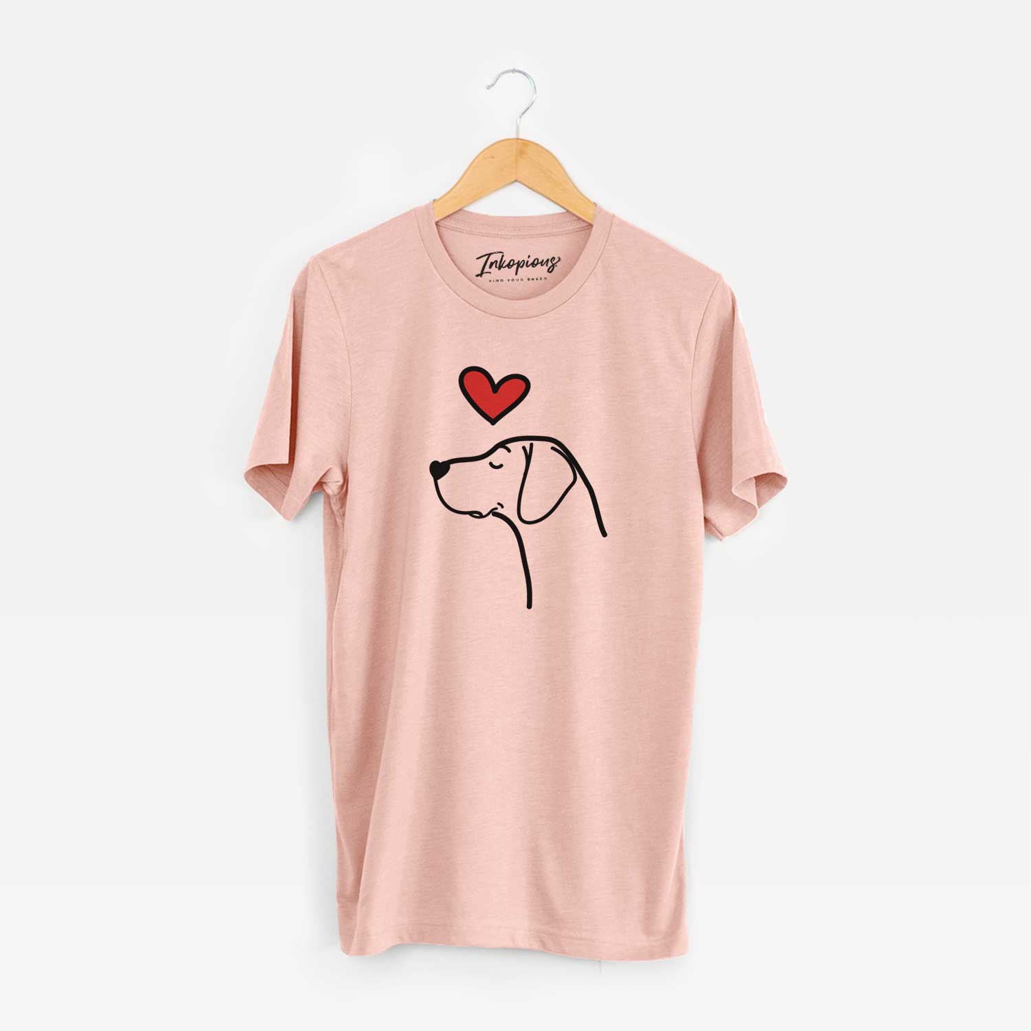 Minimalist line drawing of a German Shorthaired Pointer with a red heart on a Peach Unisex crewneck