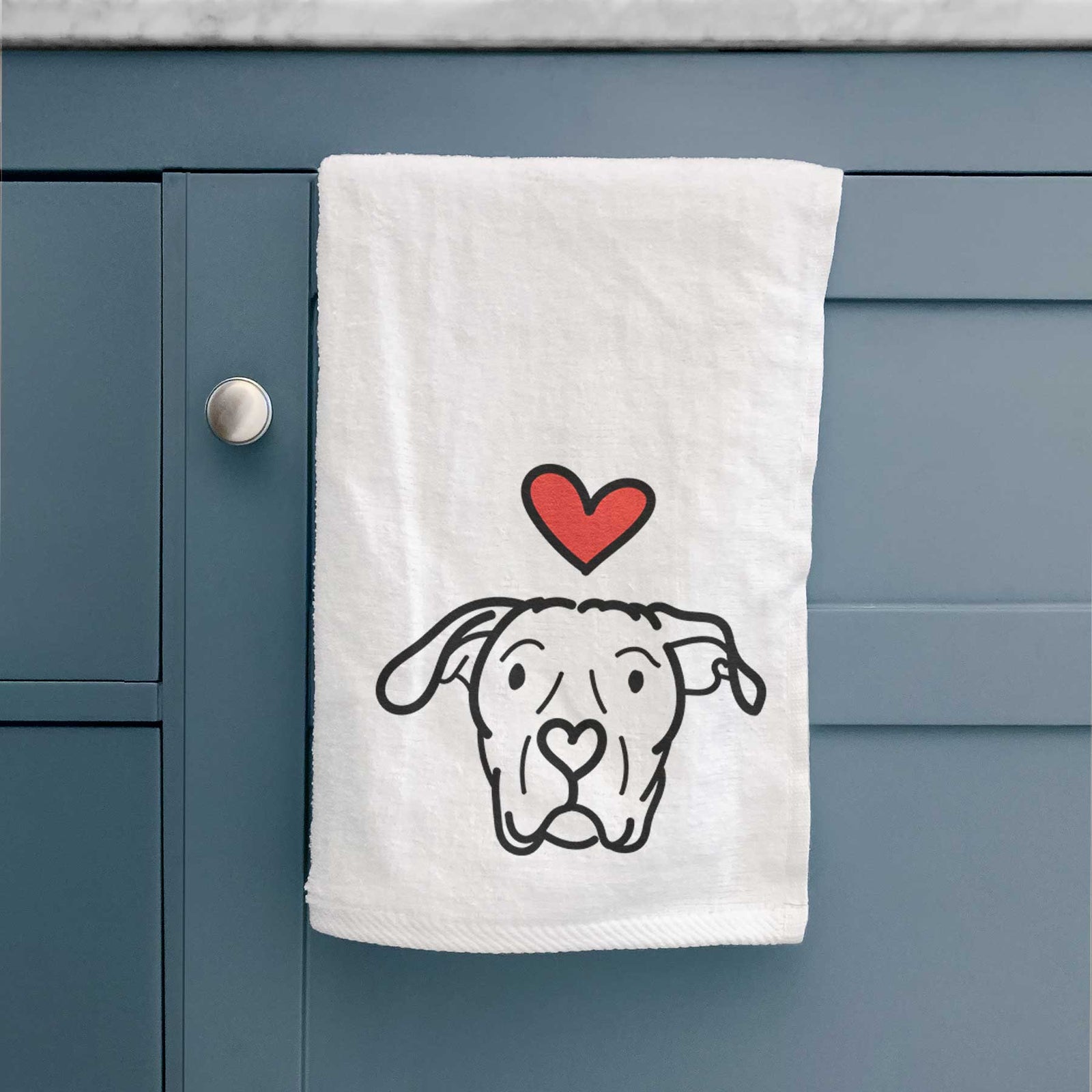 Minimalist line drawing of Genevieve the Dogo Argentino with a red heart on a decorative hand towel