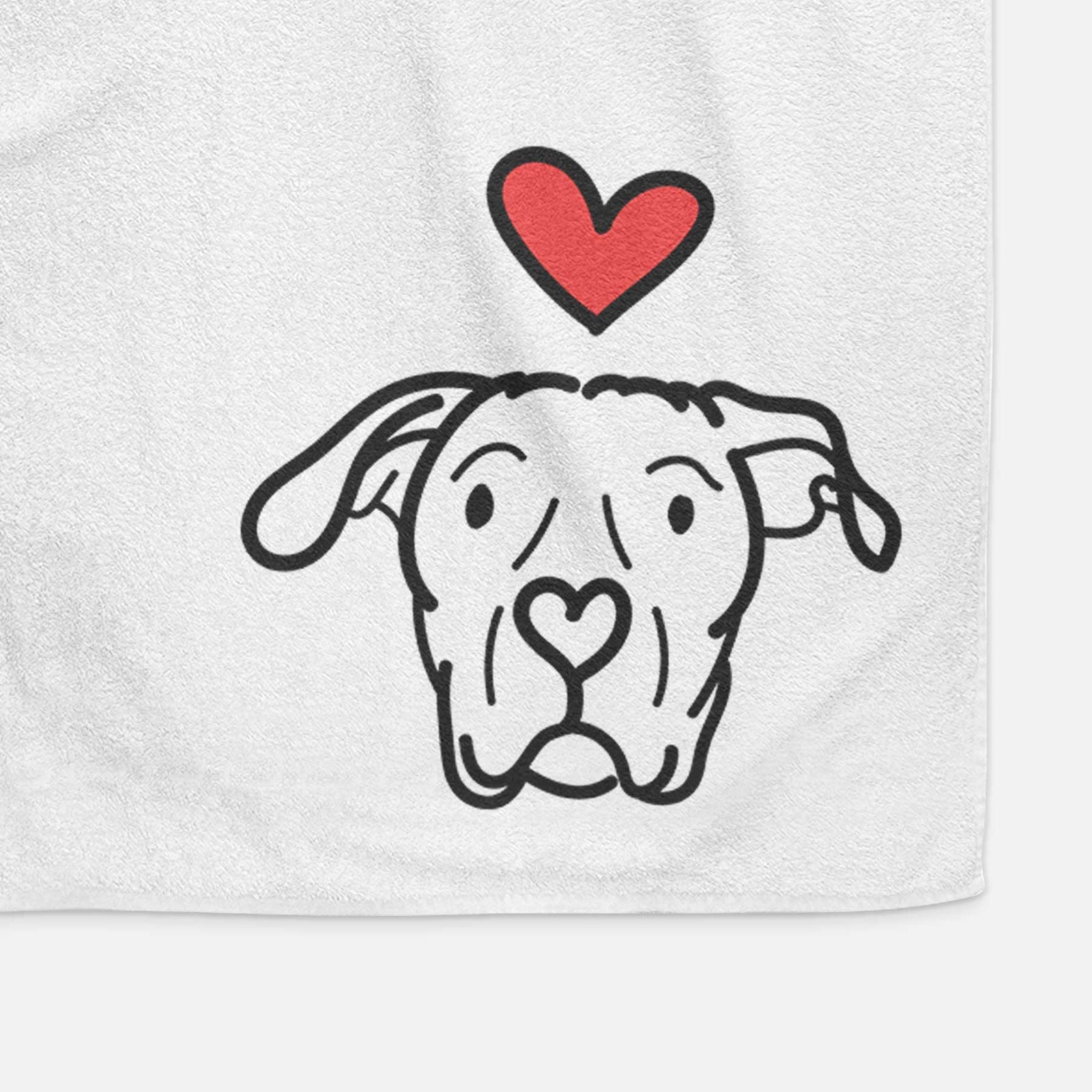 Minimalist line drawing of Genevieve the Dogo Argentino with a red heart on a decorative hand towel