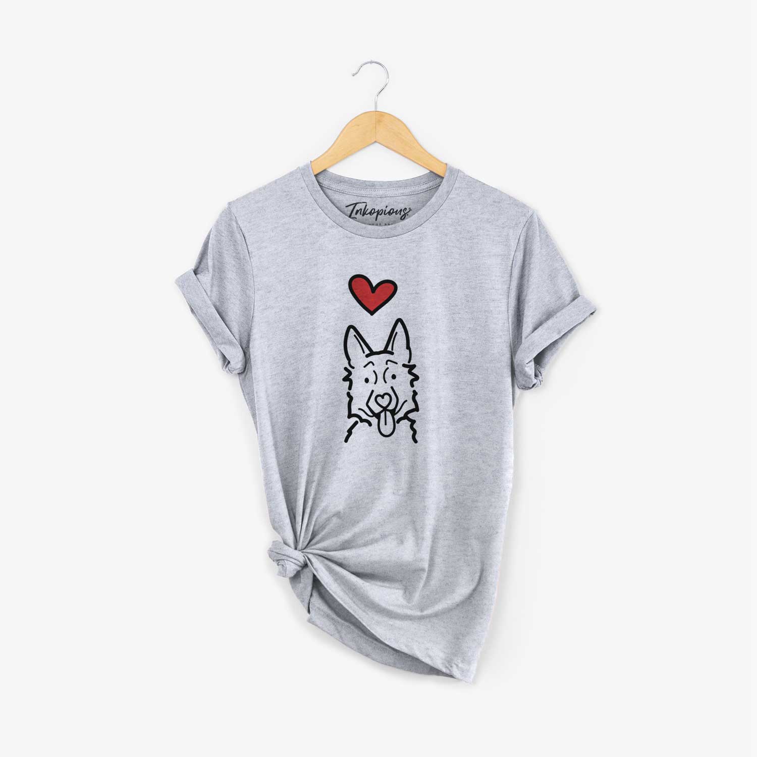 Minimalist line drawing of a German Shepherd with a red heart on a Grey Unisex crewneck
