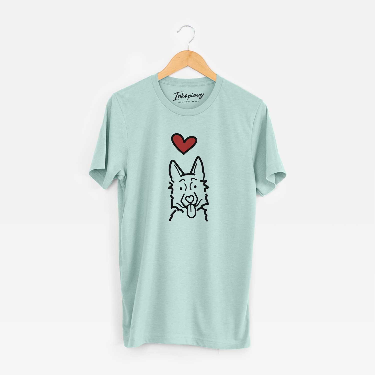 Minimalist line drawing of a German Shepherd with a red heart on a Heather Sage Unisex crewneck