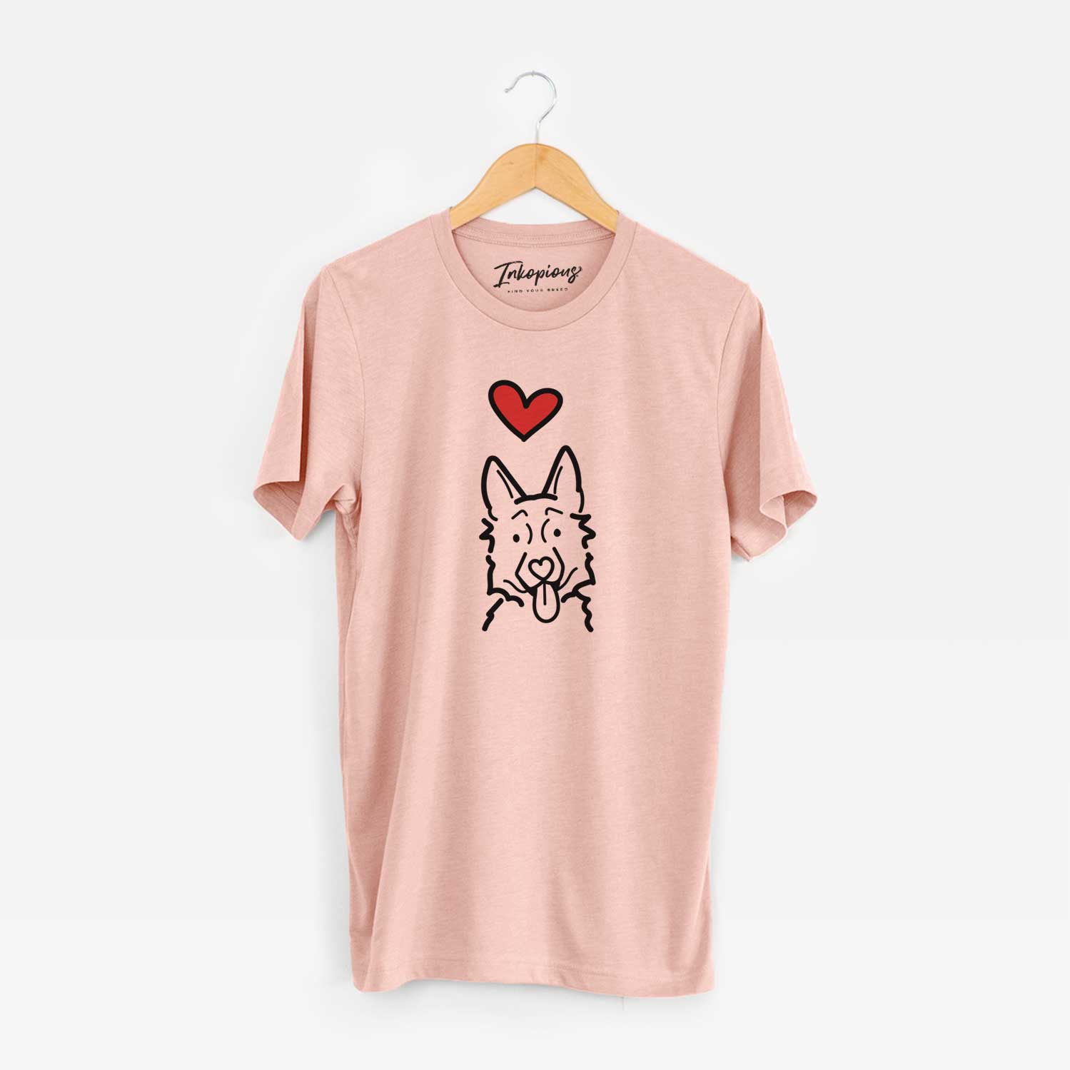Minimalist line drawing of a German Shepherd with a red heart on a Peach Unisex crewneck