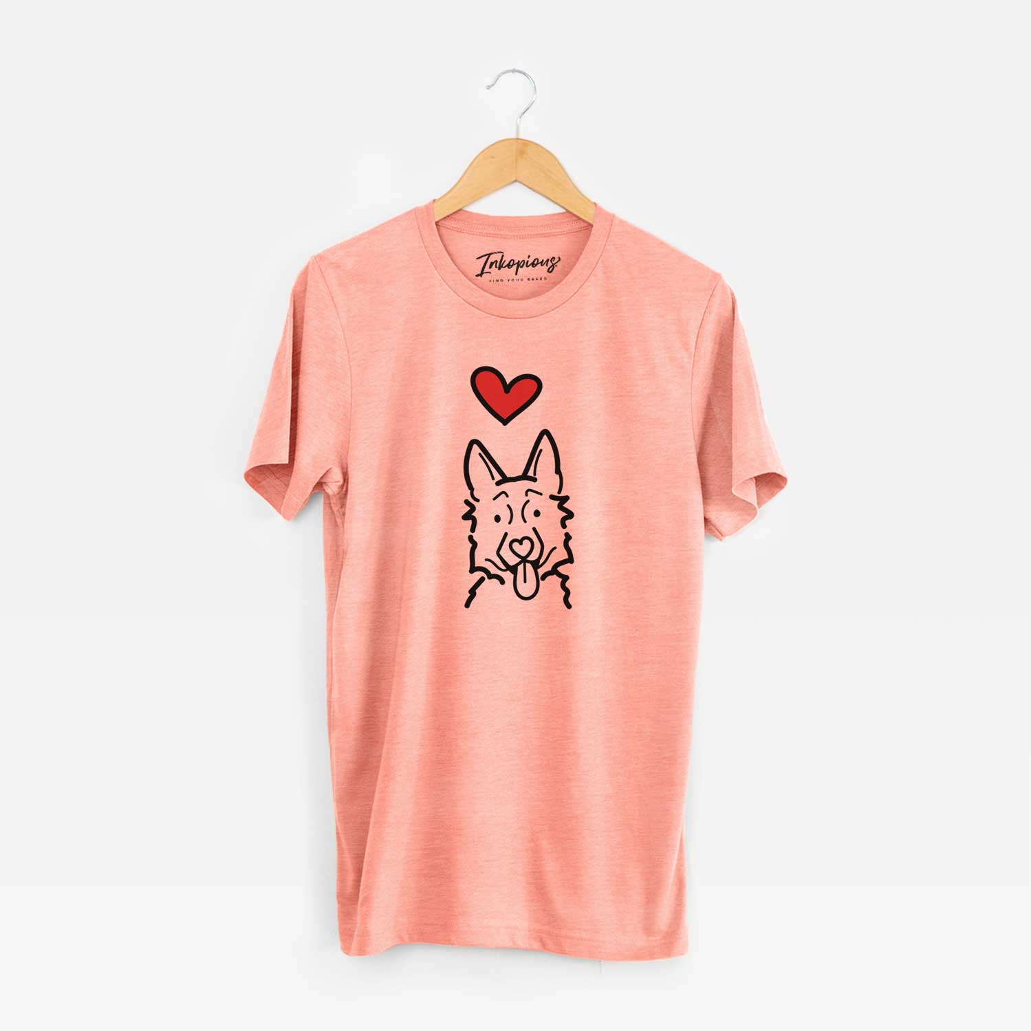 Minimalist line drawing of a German Shepherd with a red heart on a Sunset Unisex crewneck