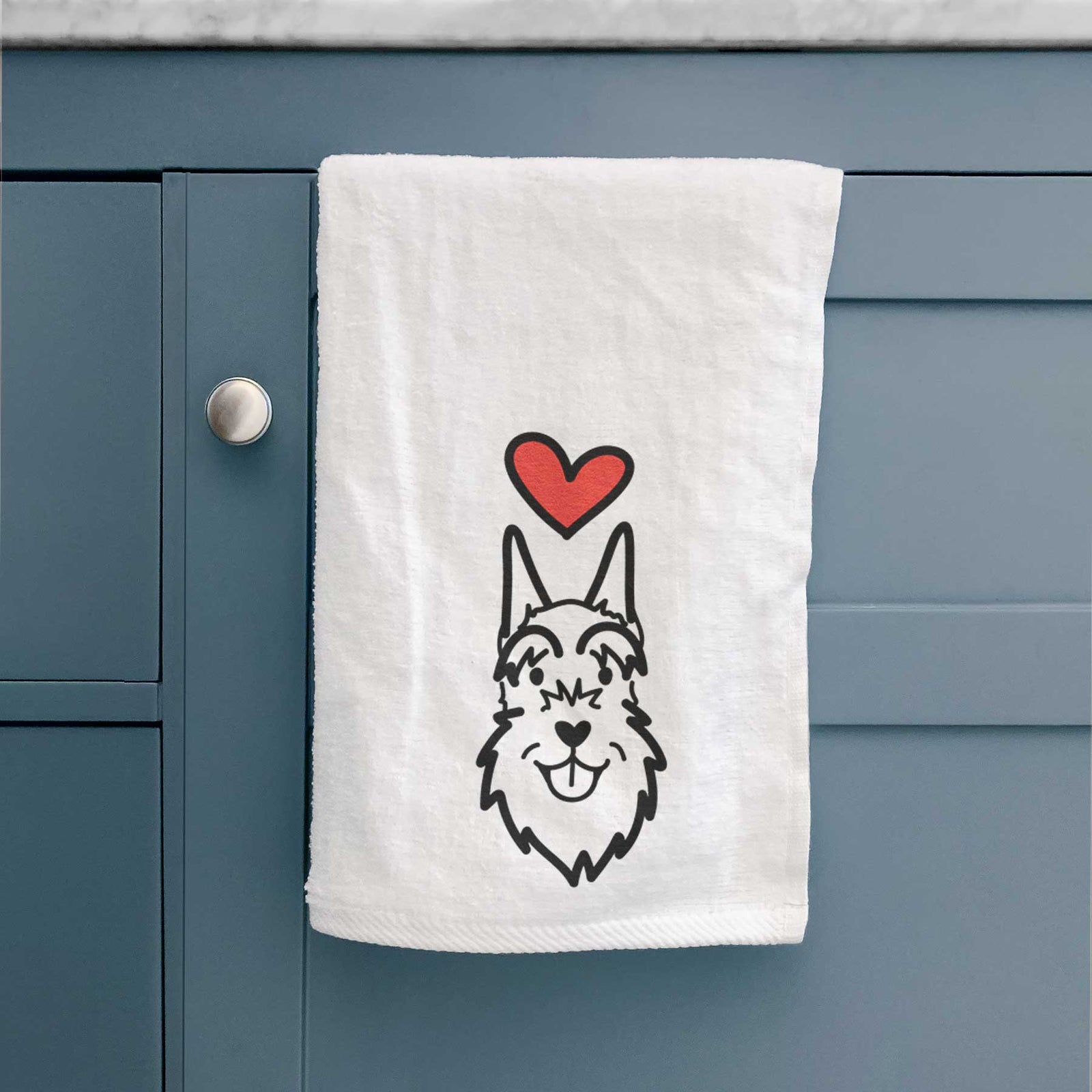 Minimalist line drawing of a Schnauzer Cropped Ears with a red heart on a decorative hand towel