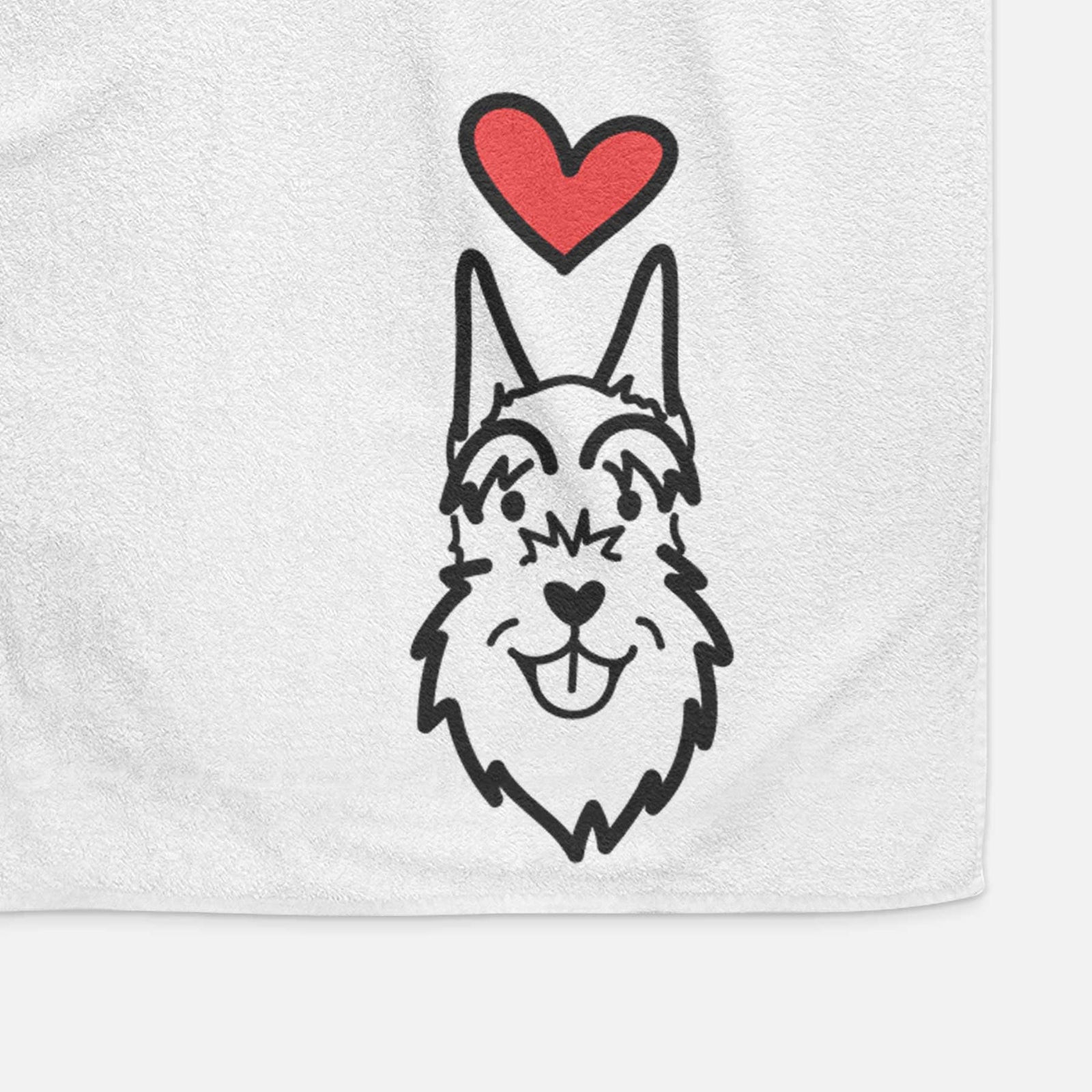 Minimalist line drawing of a Schnauzer Cropped Ears with a red heart on a decorative hand towel