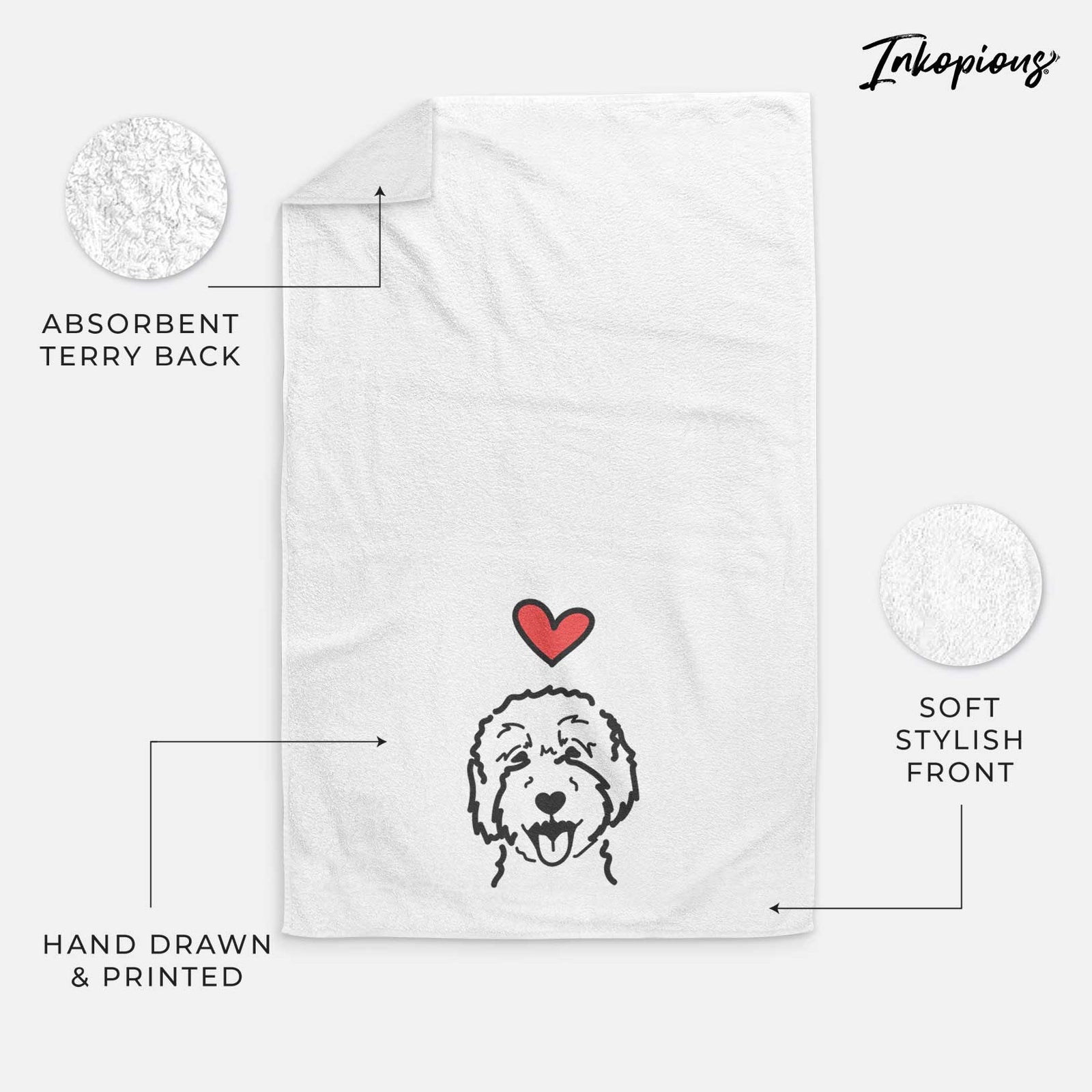 Minimalist line drawing of a Goldendoodle 2 with a red heart on a decorative hand towel