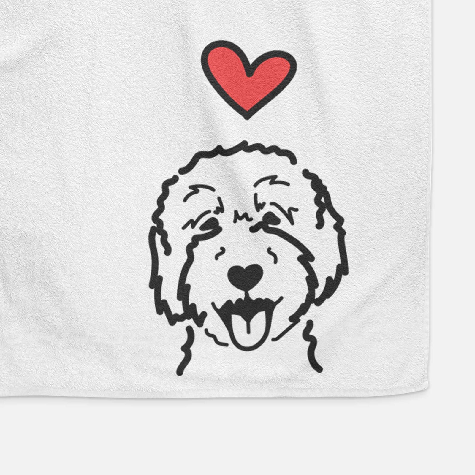 Minimalist line drawing of a Goldendoodle 2 with a red heart on a decorative hand towel