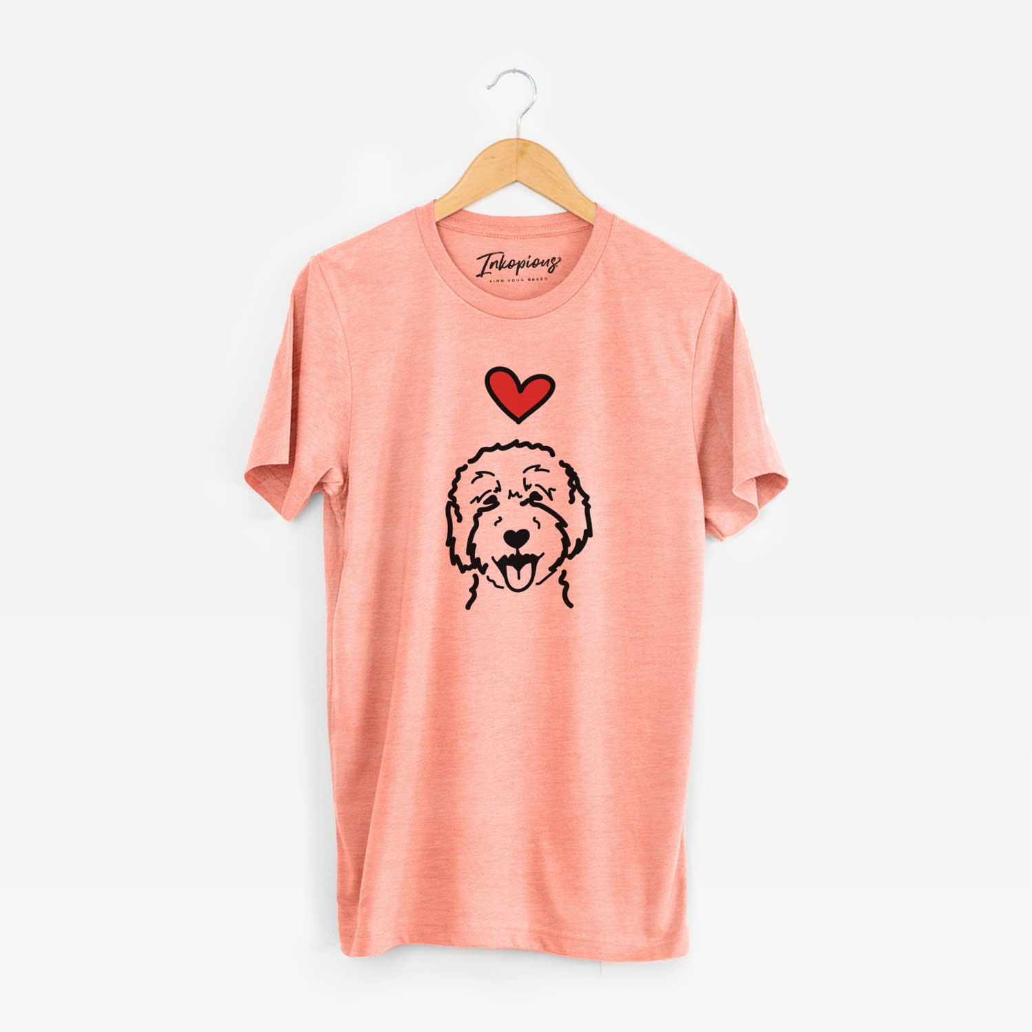 Minimalist line drawing of a Goldendoodle 2 with a red heart on a Sunset Unisex crewneck