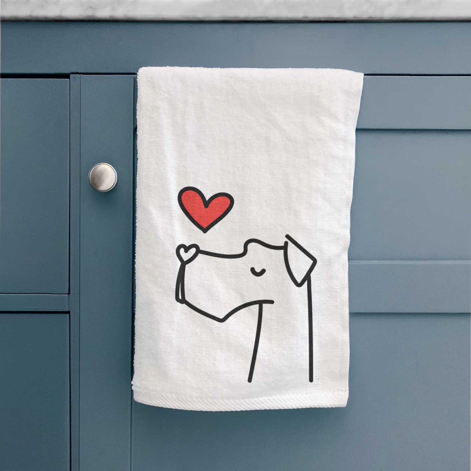 Minimalist line drawing of a Great Dane with a red heart on a decorative hand towel