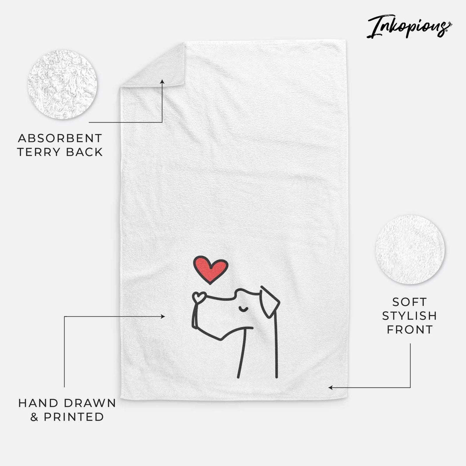 Minimalist line drawing of a Great Dane with a red heart on a decorative hand towel