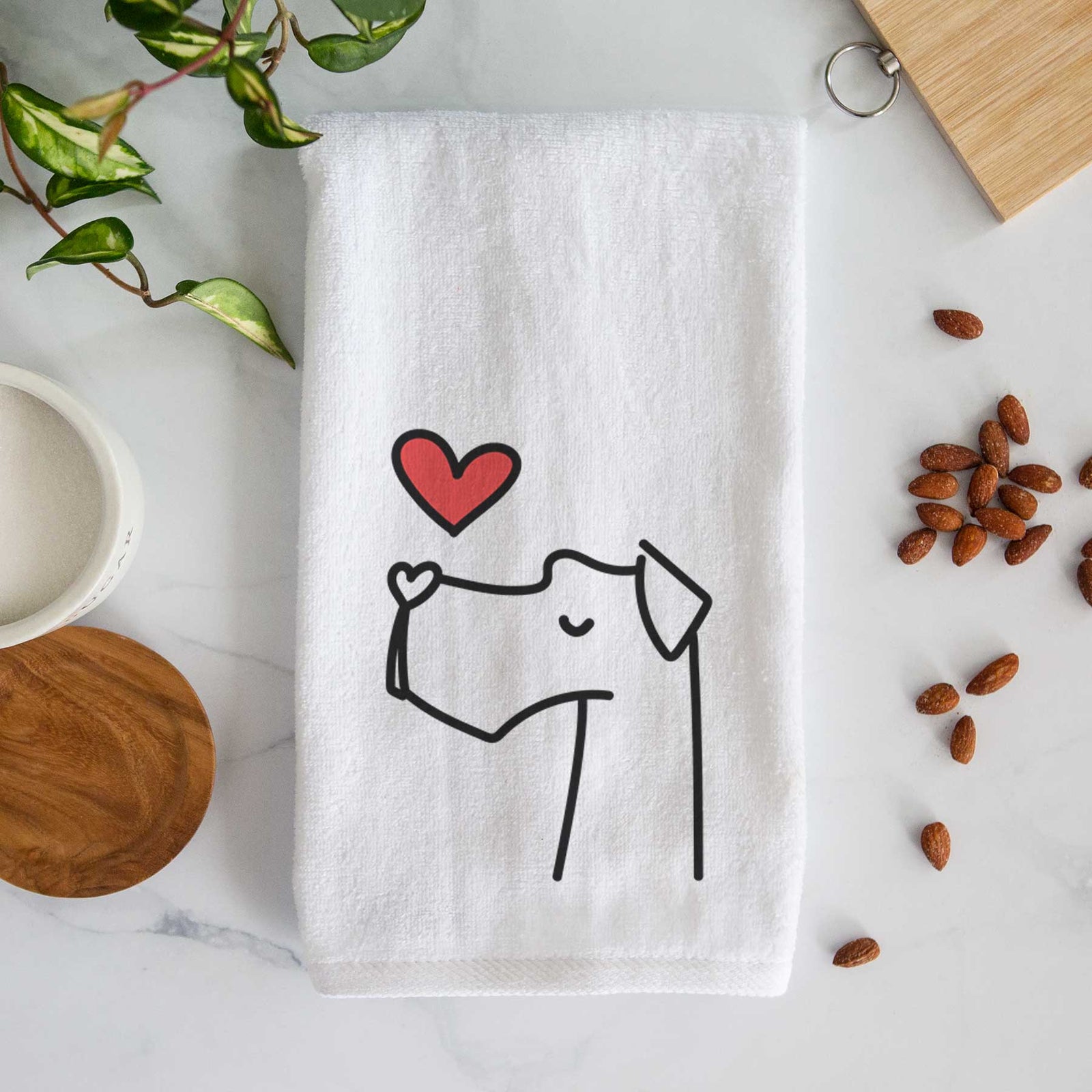 Minimalist line drawing of a Great Dane with a red heart on a decorative hand towel