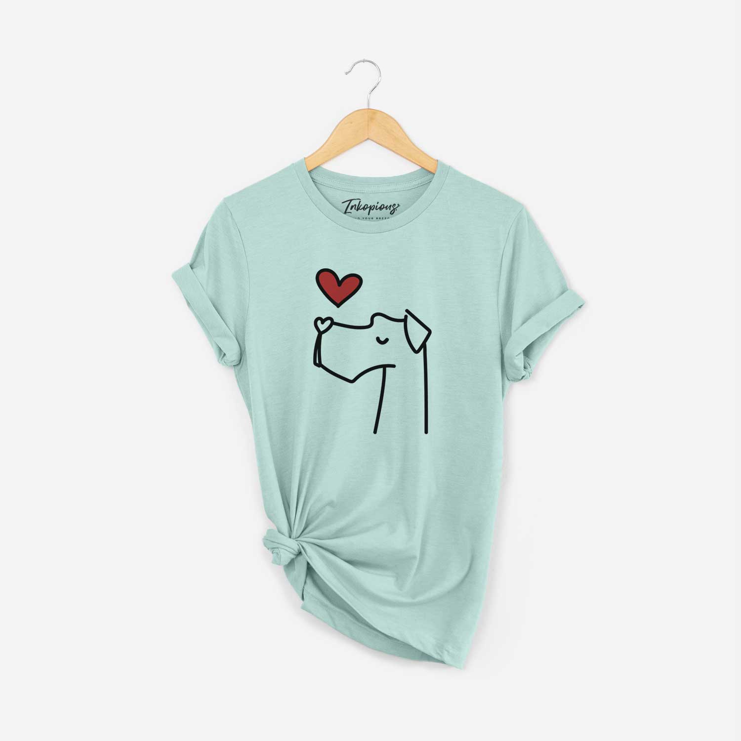 Minimalist line drawing of a Great Dane with a red heart on a Heather Sage Unisex crewneck