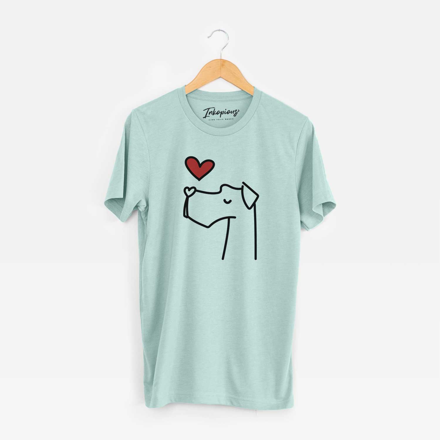 Minimalist line drawing of a Great Dane with a red heart on a Heather Sage Unisex crewneck