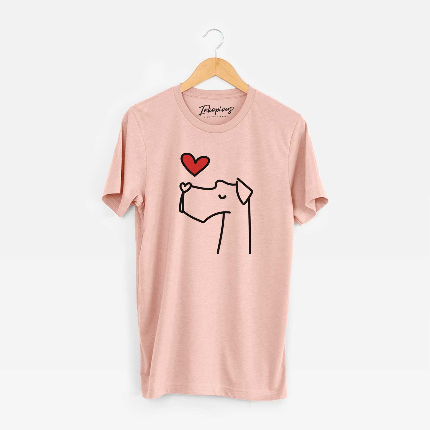Minimalist line drawing of a Great Dane with a red heart on a Peach Unisex crewneck