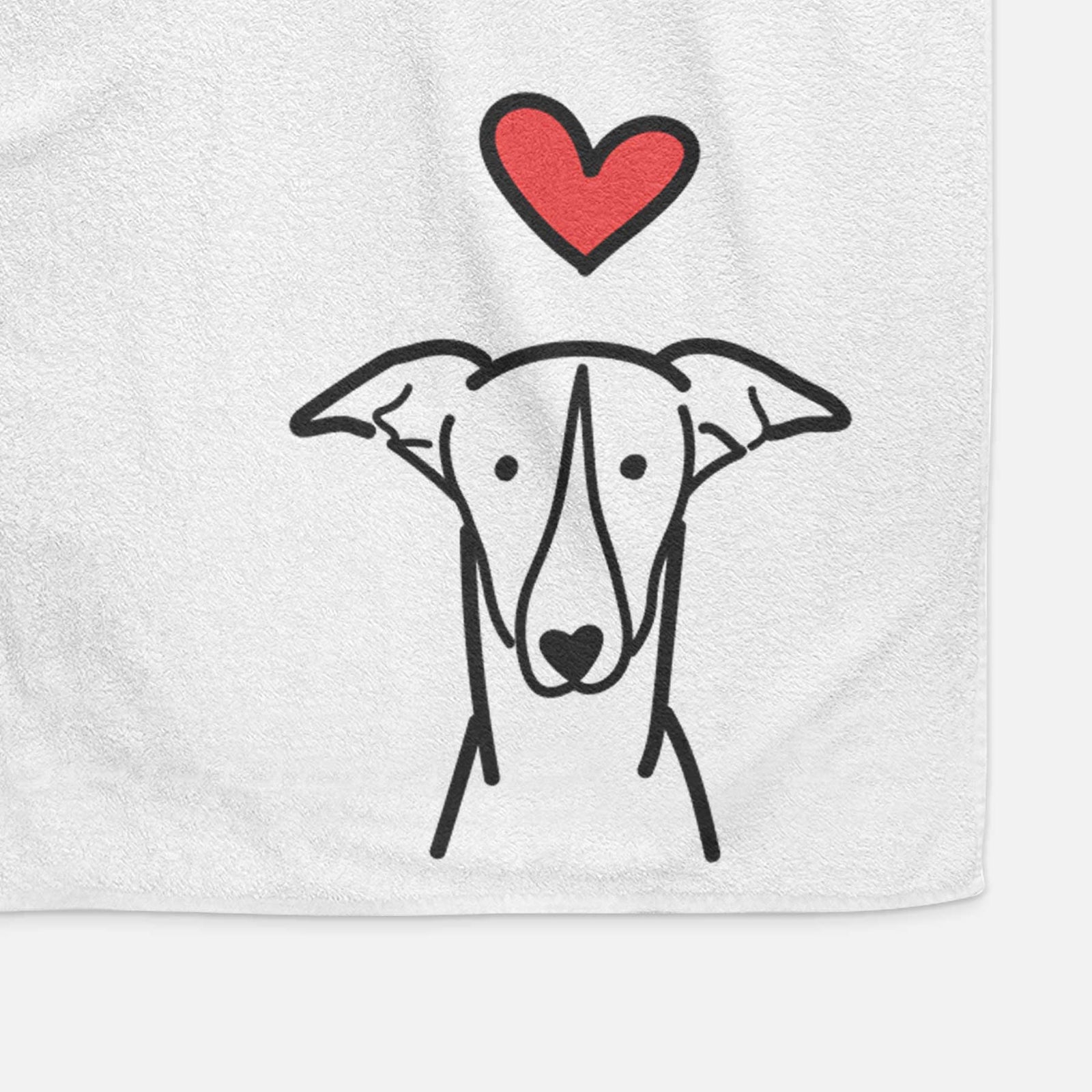 Minimalist line drawing of a Greyhound with a red heart on a decorative hand towel