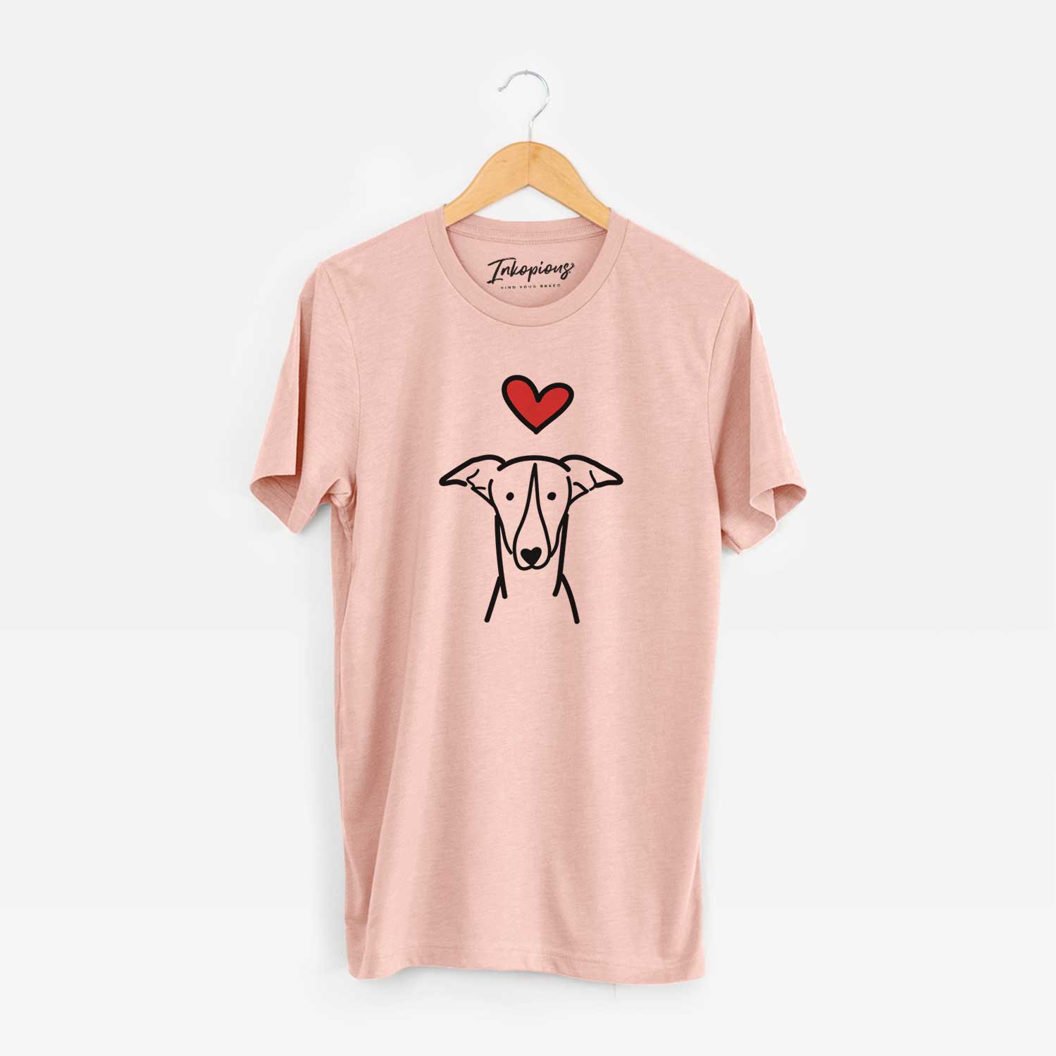 Minimalist line drawing of a Greyhound with a red heart on a Peach Unisex crewneck