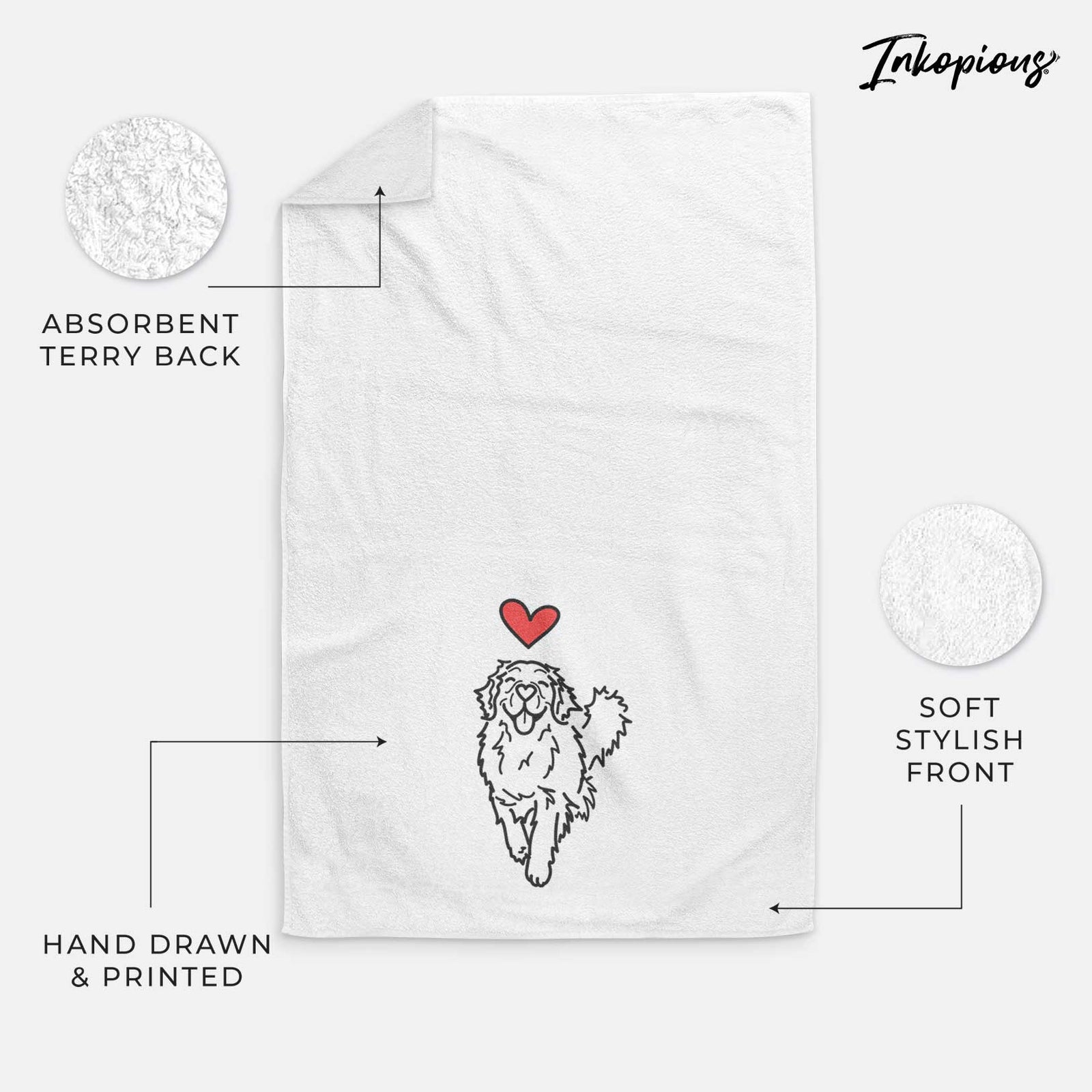 Minimalist line drawing of Hamlet the Golden Retriever with a red heart on a decorative hand towel