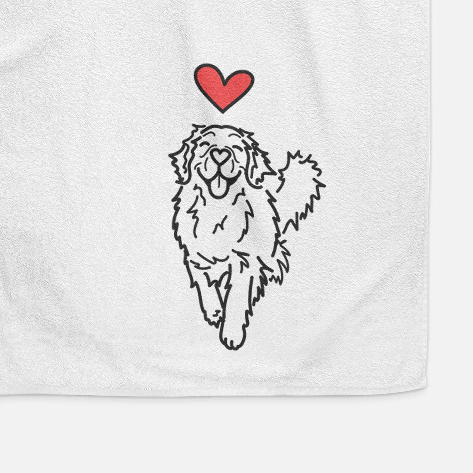 Minimalist line drawing of Hamlet the Golden Retriever with a red heart on a decorative hand towel