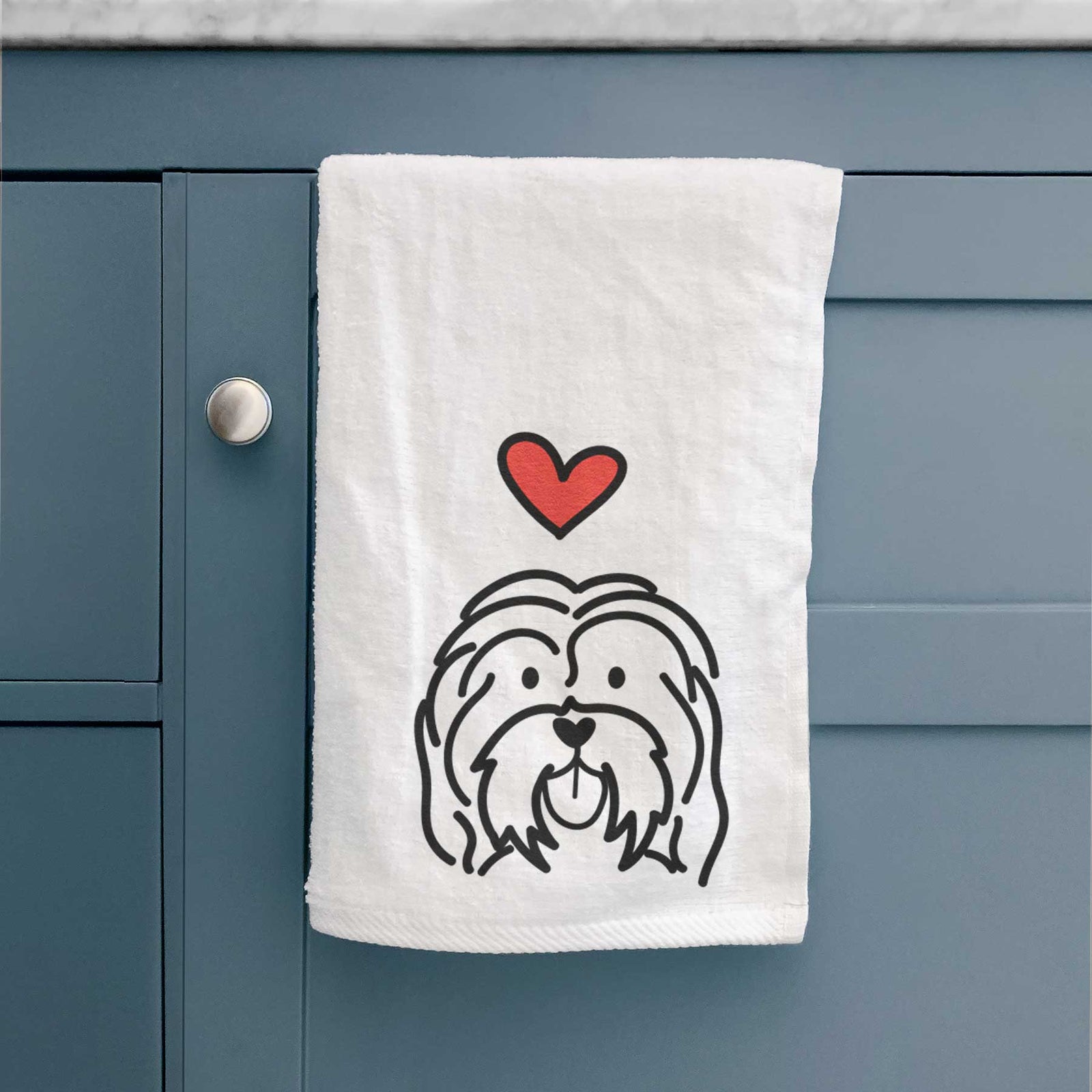 Minimalist line drawing of a Havanese with a red heart on a decorative hand towel