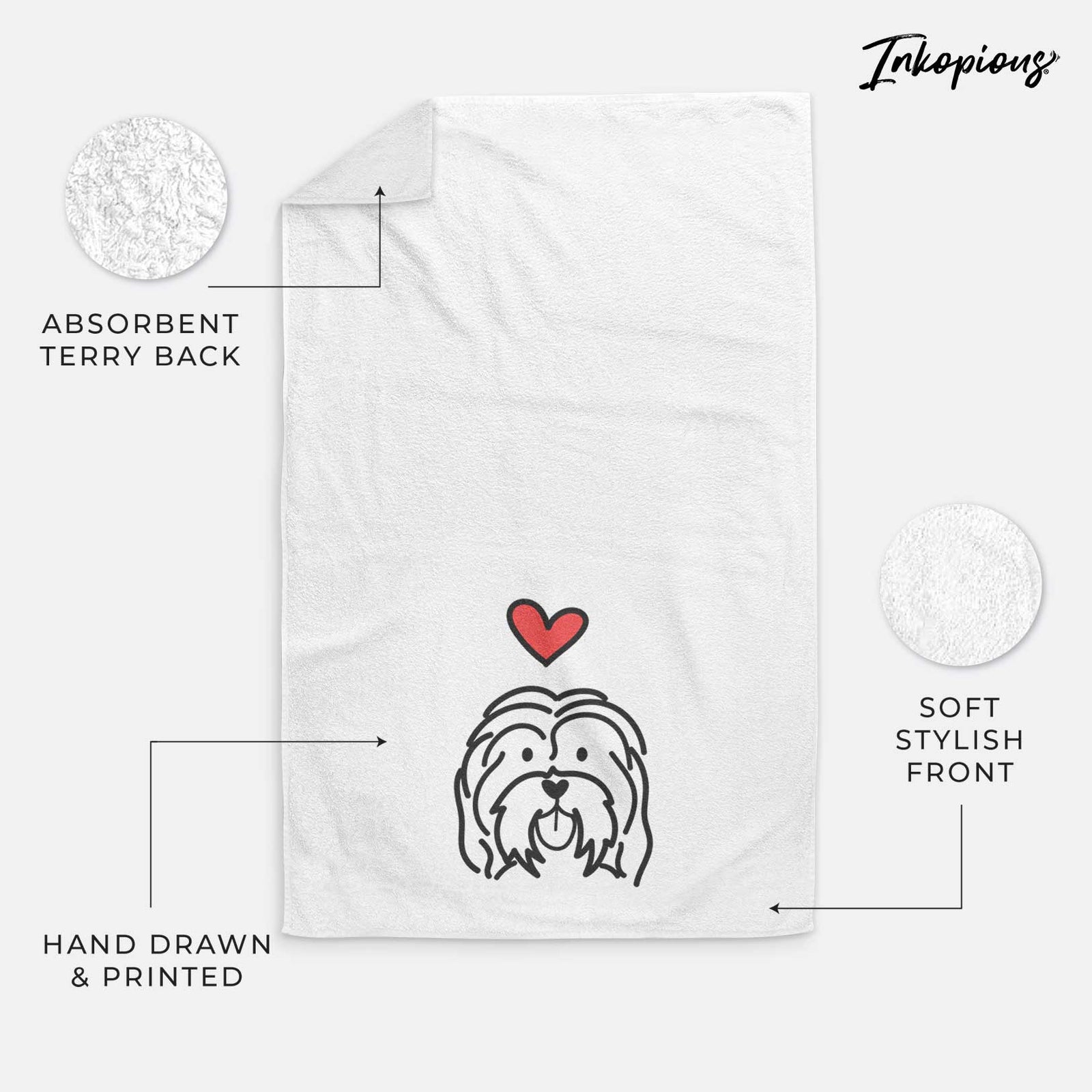 Minimalist line drawing of a Havanese with a red heart on a decorative hand towel
