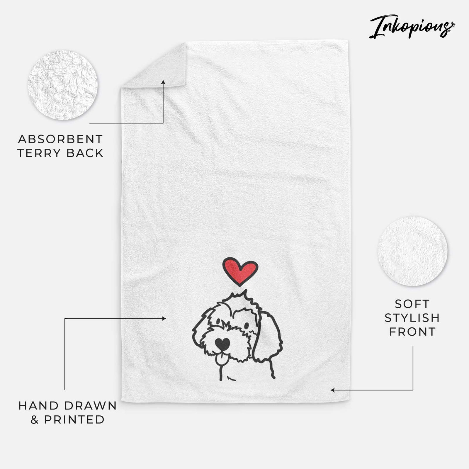 Minimalist line drawing of a Havapoo with a red heart on a decorative hand towel