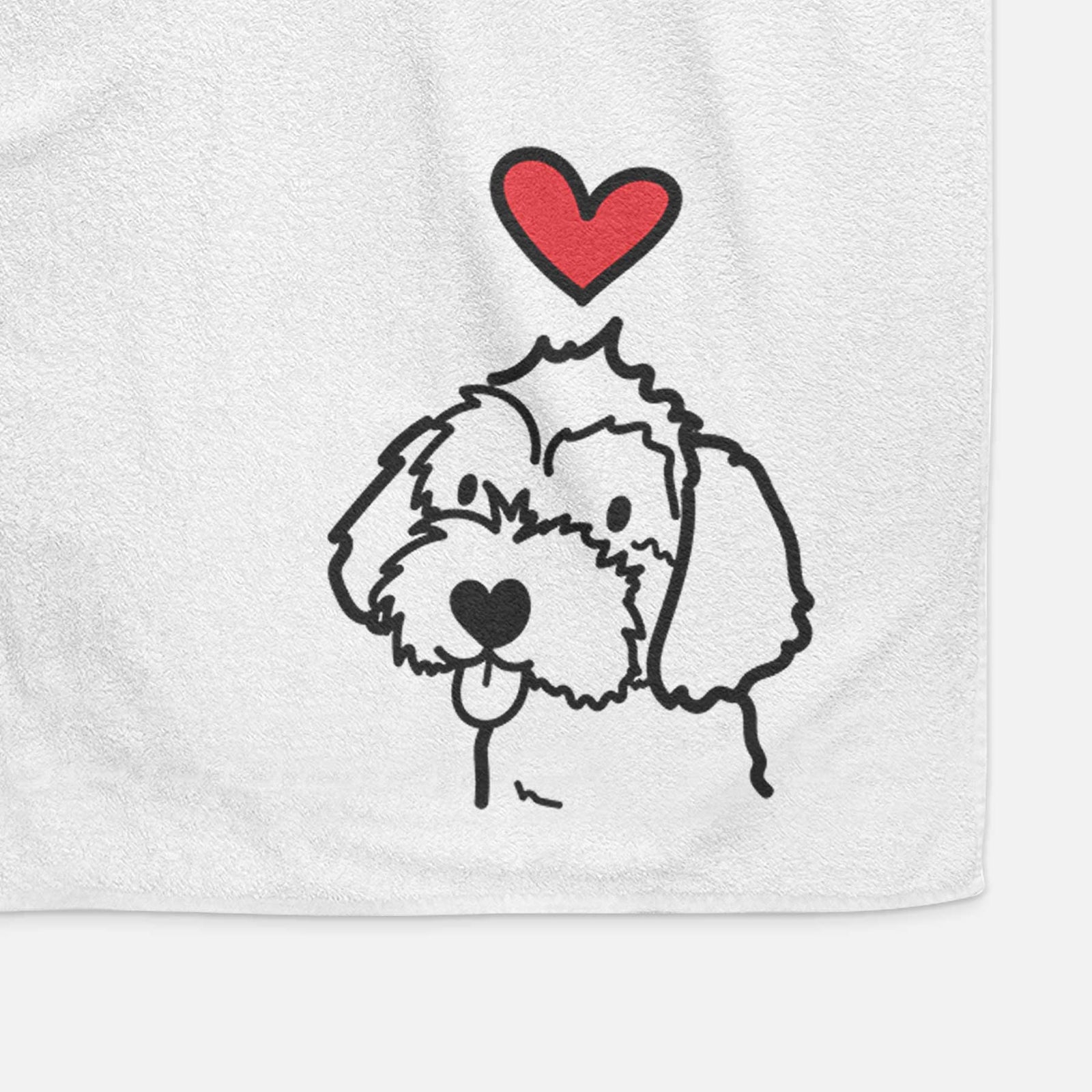Minimalist line drawing of a Havapoo with a red heart on a decorative hand towel