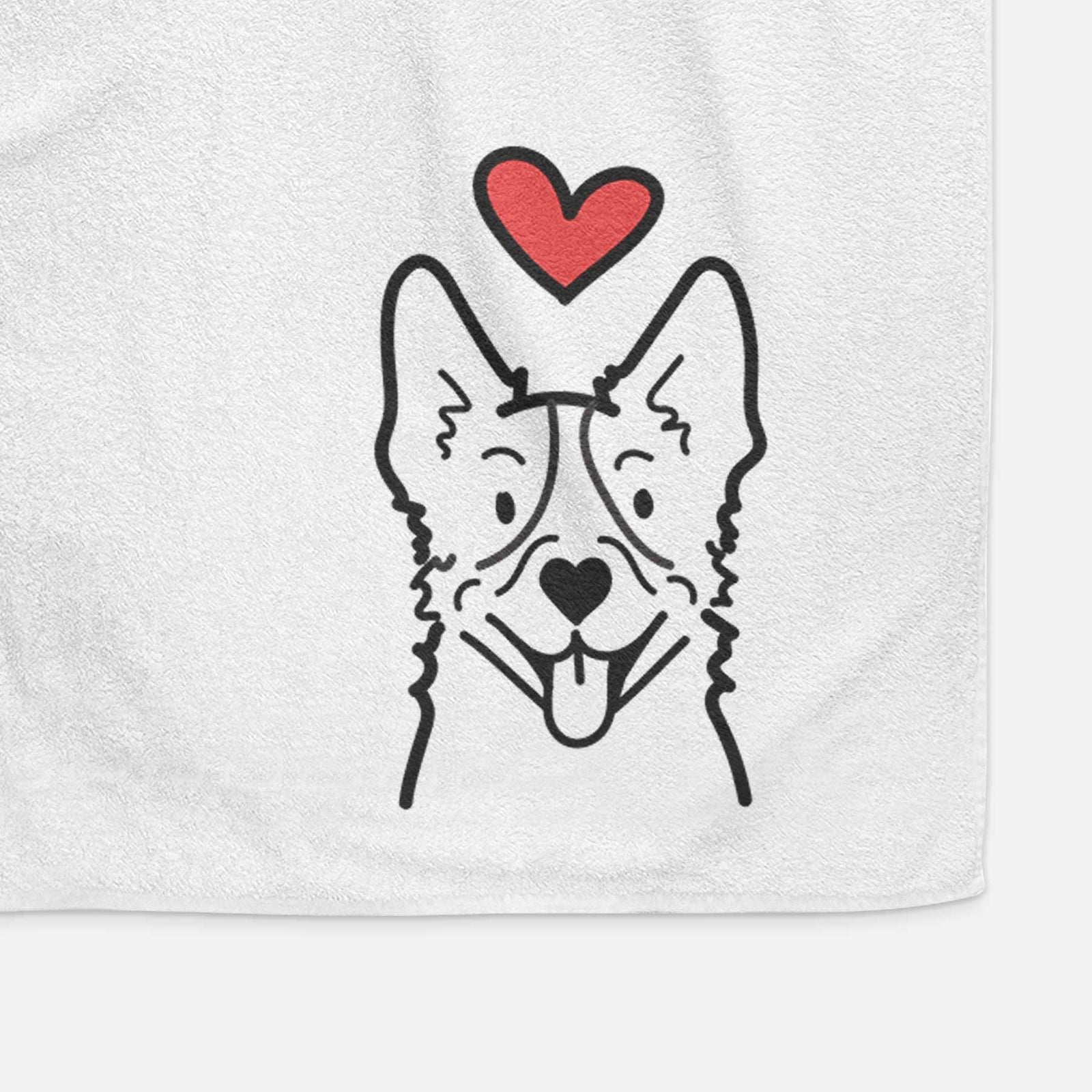 Minimalist line drawing of a Heeler with a red heart on a decorative hand towel