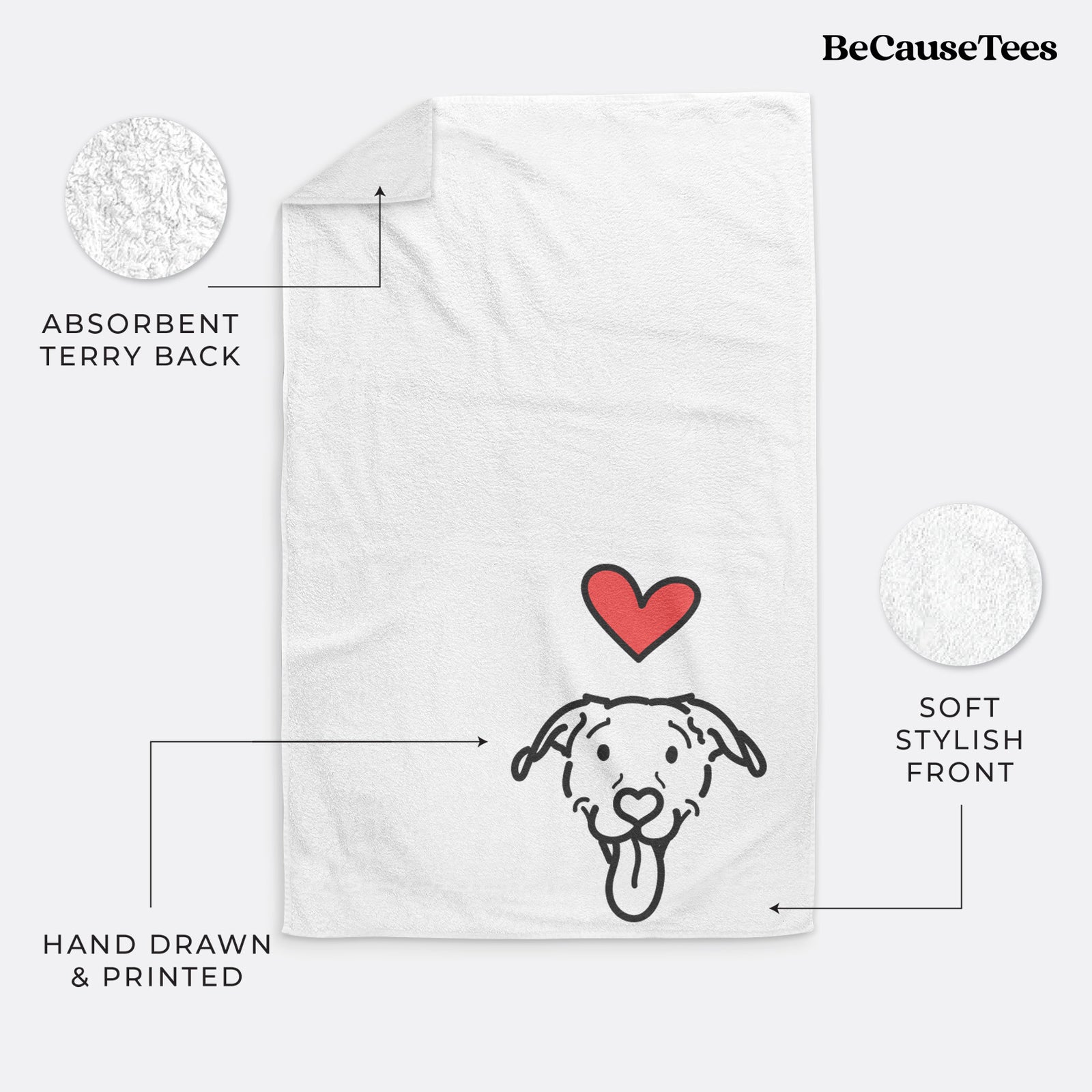 Minimalist line drawing of Hemi the Pitbull Mix with a red heart on a decorative hand towel
