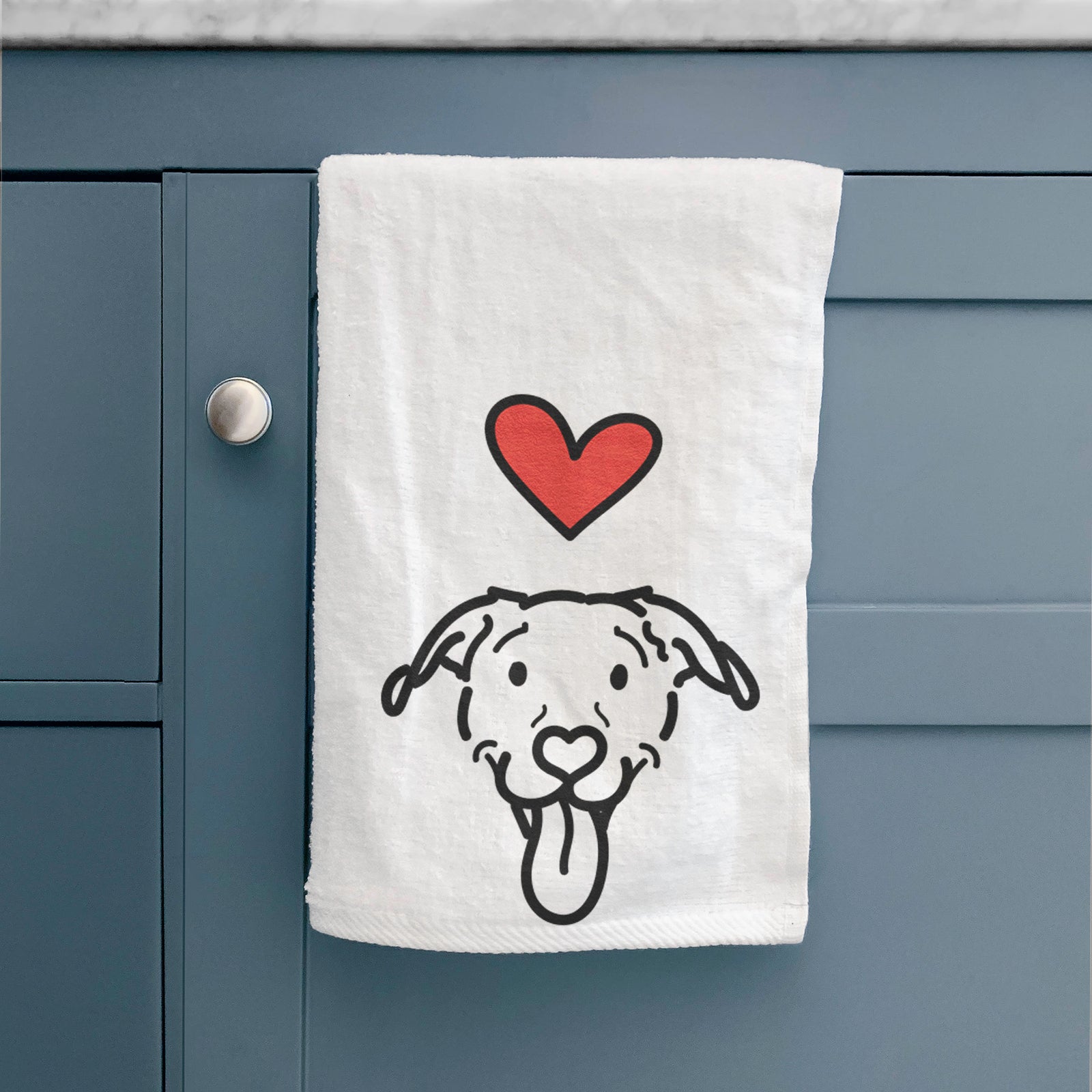 Minimalist line drawing of Hemi the Pitbull Mix with a red heart on a decorative hand towel