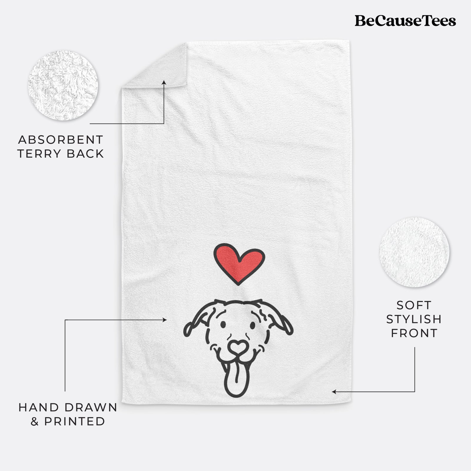 Minimalist line drawing of Hemi the Pitbull Mix with a red heart on a decorative hand towel