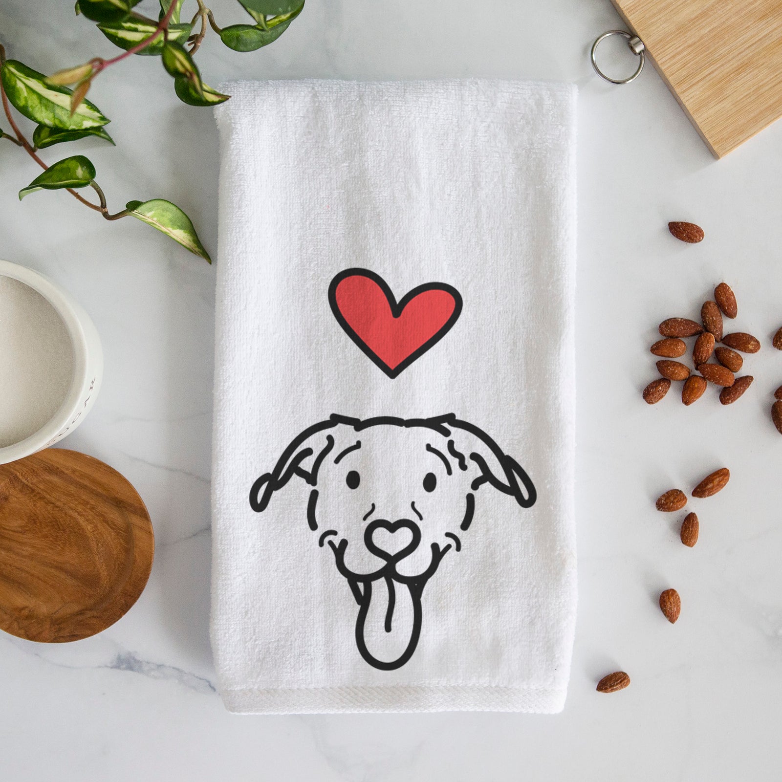 Minimalist line drawing of Hemi the Pitbull Mix with a red heart on a decorative hand towel