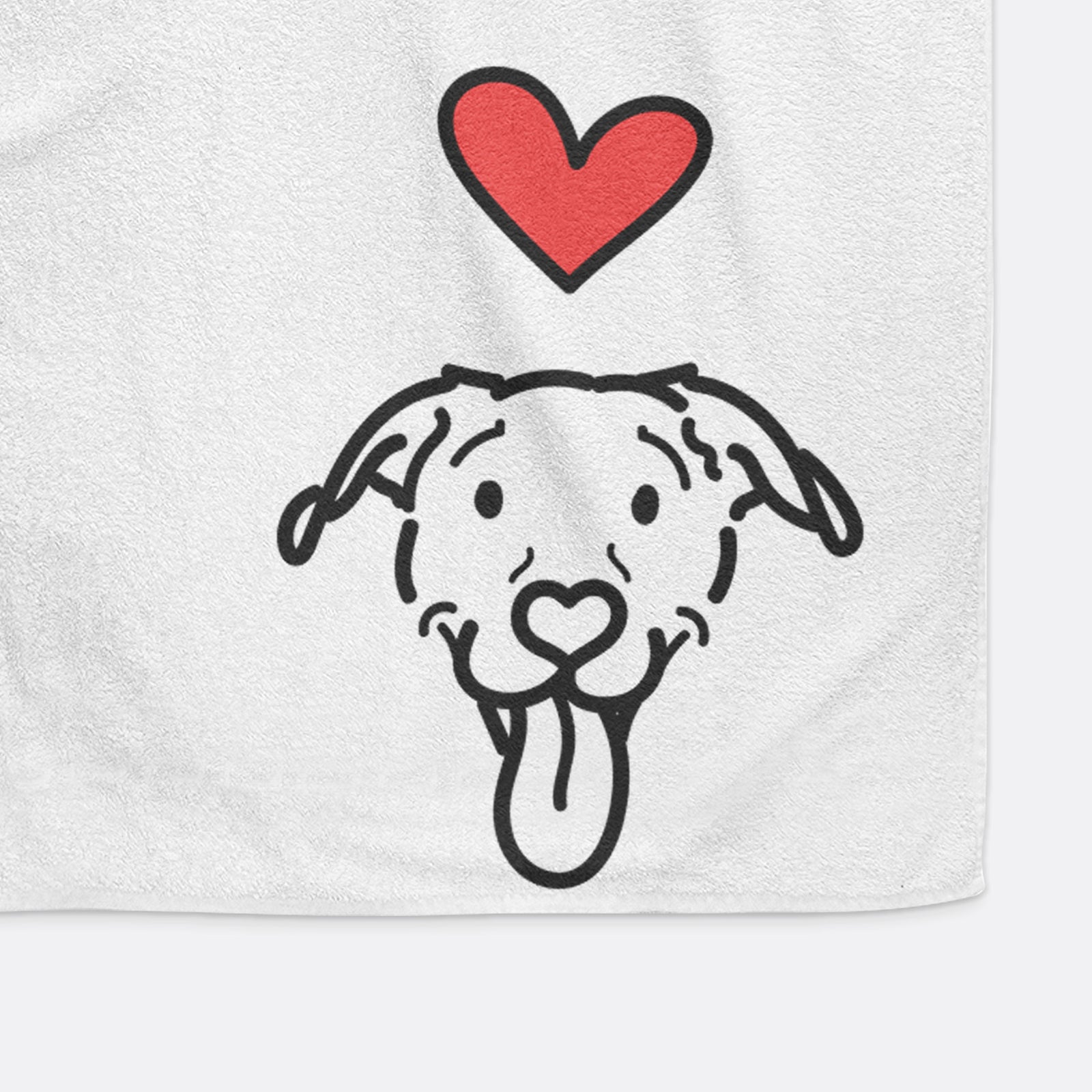 Minimalist line drawing of Hemi the Pitbull Mix with a red heart on a decorative hand towel