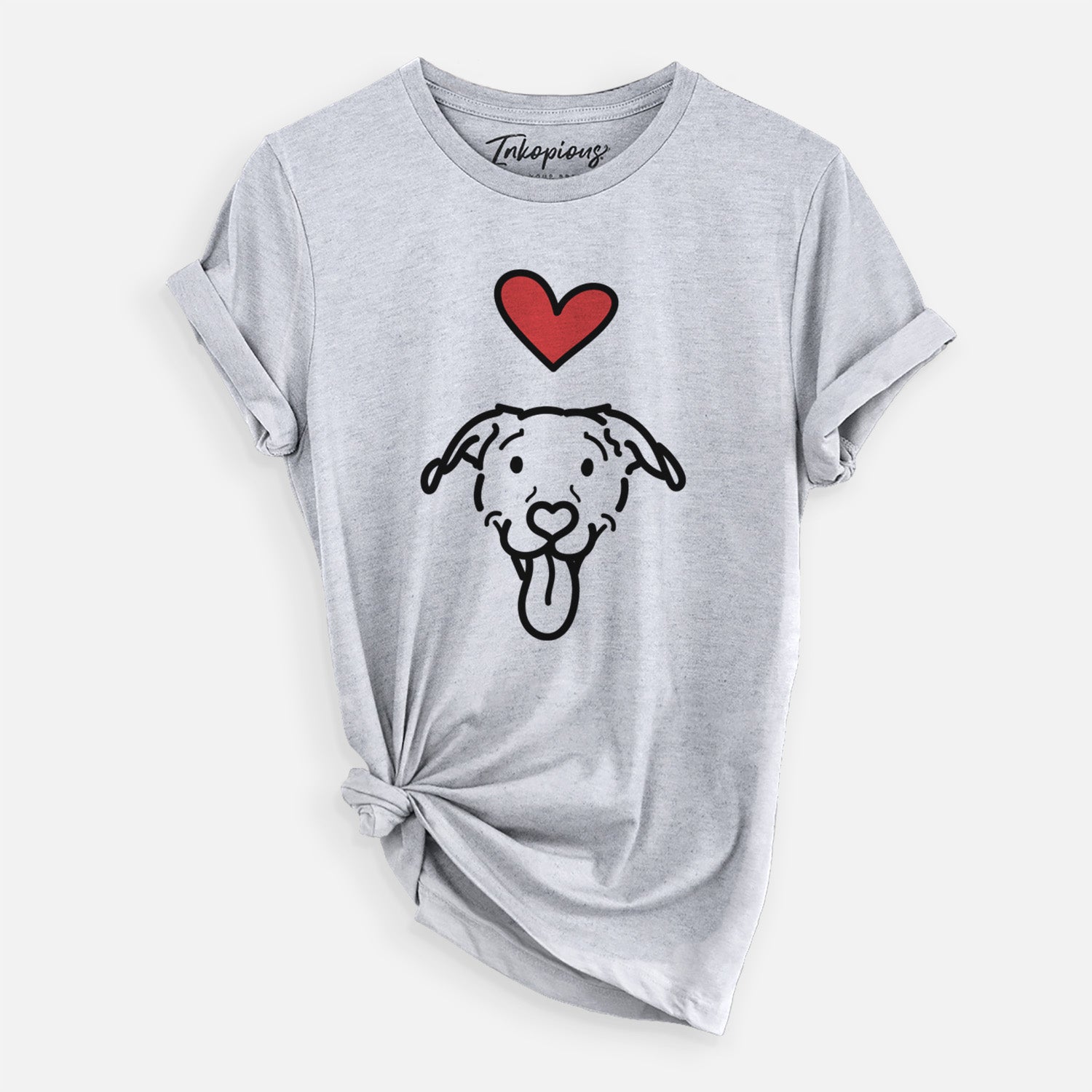 Minimalist line drawing of Hemi the Pitbull Mix with a red heart on a Grey Unisex crewneck