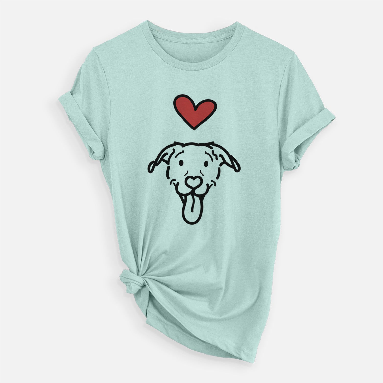 Minimalist line drawing of Hemi the Pitbull Mix with a red heart on a Heather Sage Unisex crewneck