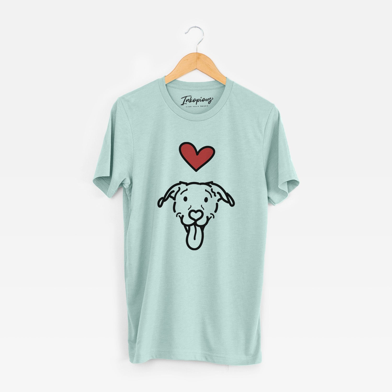 Minimalist line drawing of Hemi the Pitbull Mix with a red heart on a Heather Sage Unisex crewneck