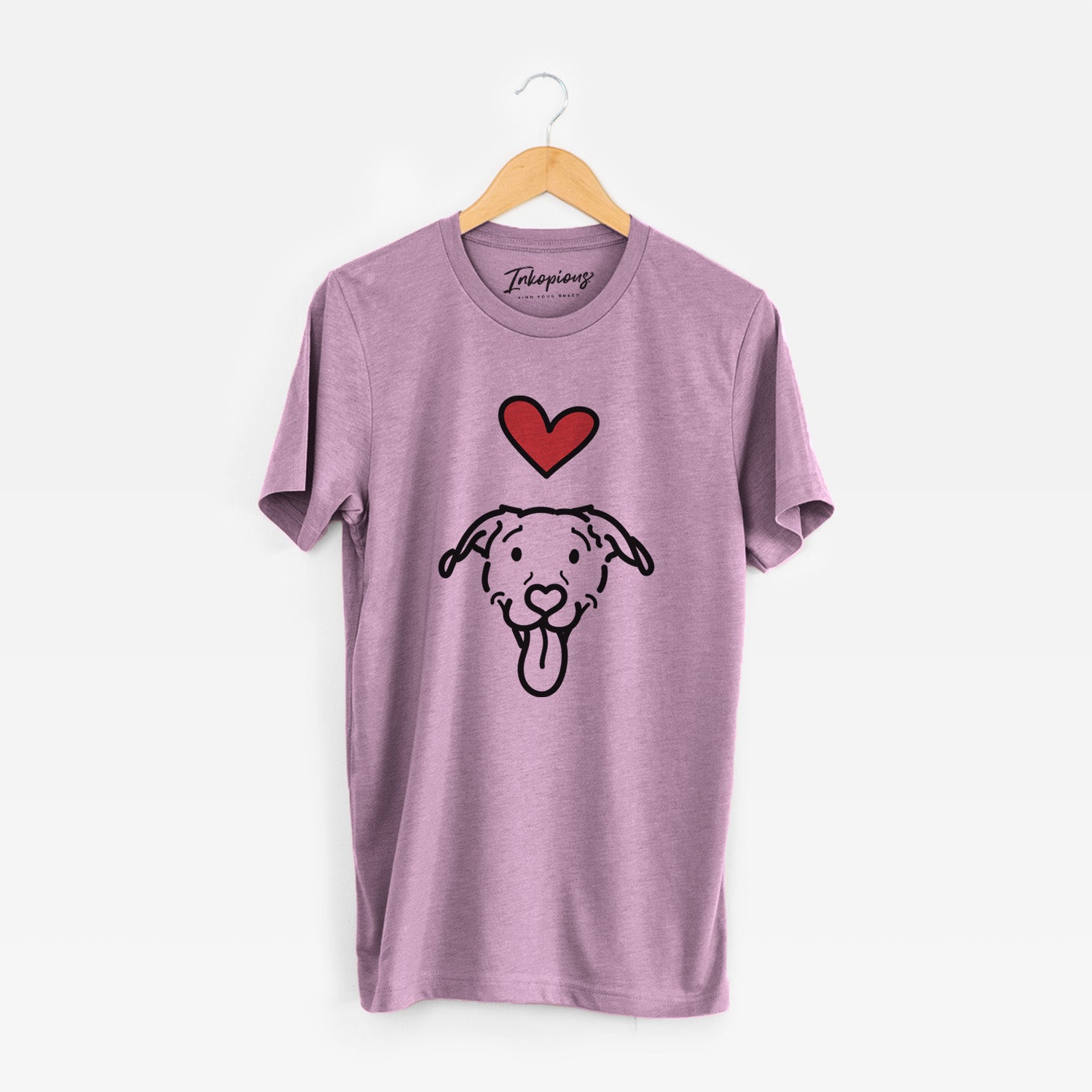 Minimalist line drawing of Hemi the Pitbull Mix with a red heart on an Orchid Unisex crewneck