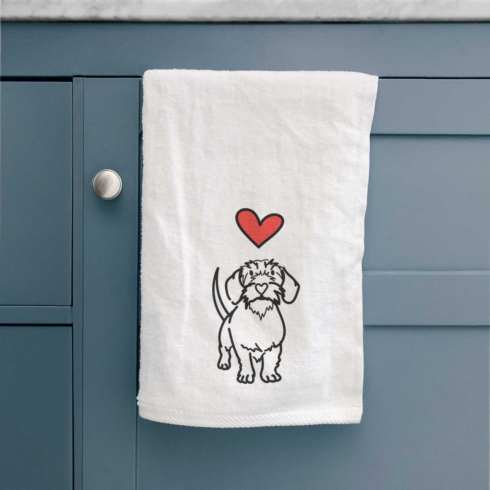 Minimalist line drawing of Henry the Wire Dachshund with a red heart on a decorative hand towel