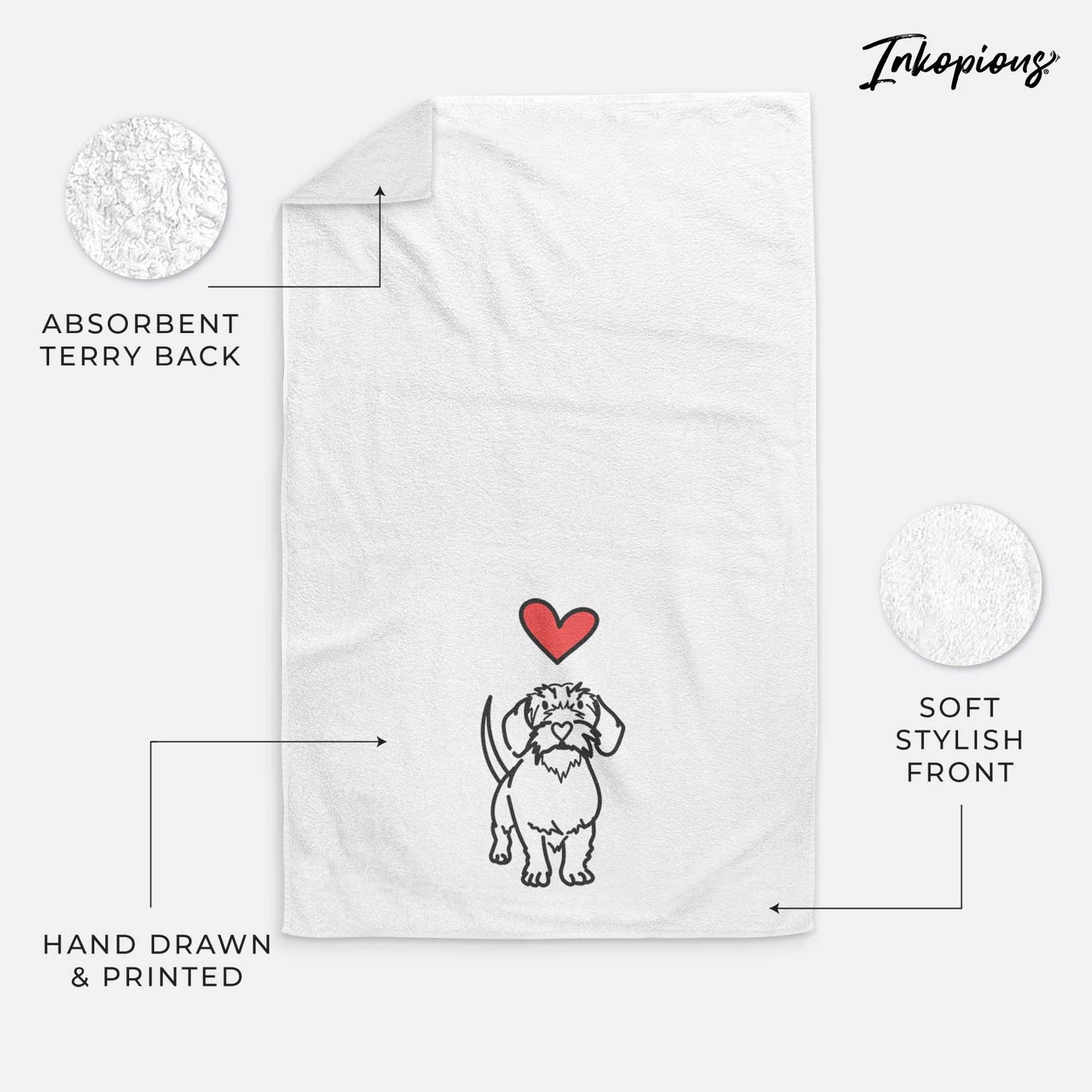 Minimalist line drawing of Henry the Wire Dachshund with a red heart on a decorative hand towel