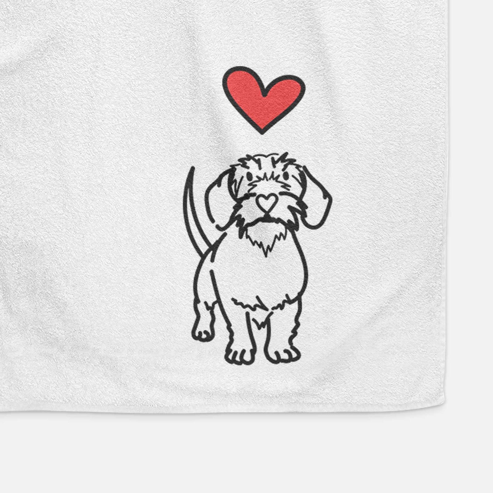 Minimalist line drawing of Henry the Wire Dachshund with a red heart on a decorative hand towel