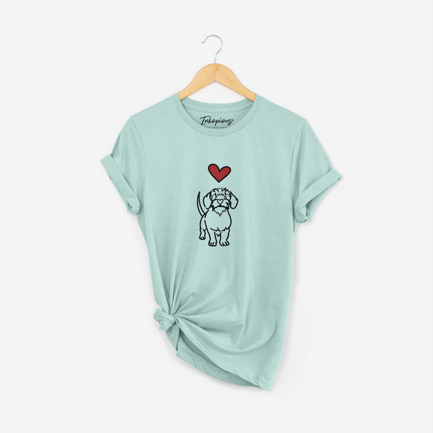 Minimalist line drawing of Henry the Wire Dachshund with a red heart on a Heather Sage Unisex crewneck