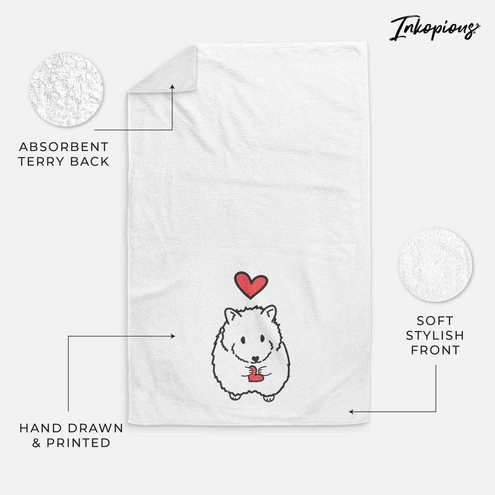 Minimalist line drawing of Hilga the Hamster with a red heart on a decorative hand towel