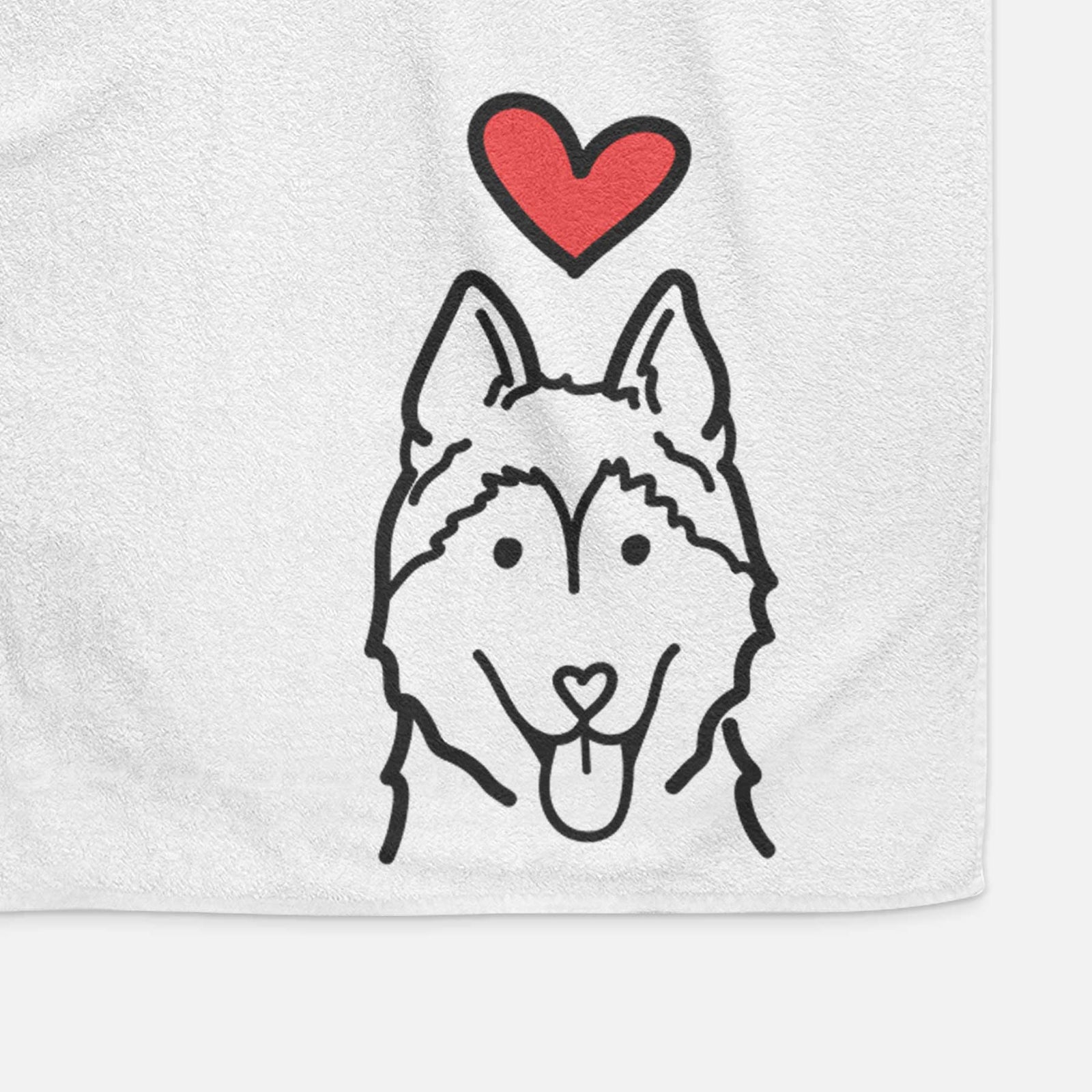 Minimalist line drawing of a Siberian Husky with a red heart on a decorative hand towel
