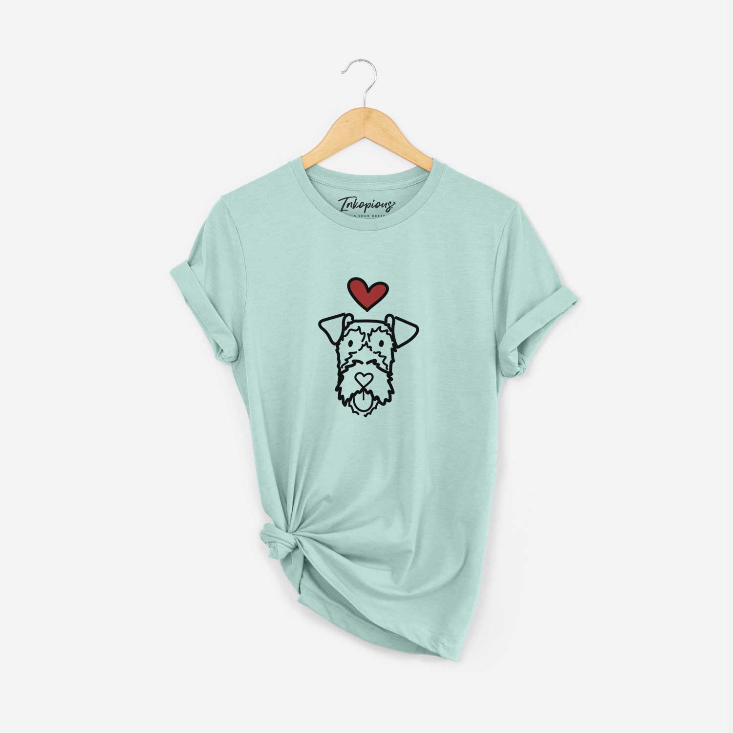 Minimalist line drawing of an Irish Terrier with a red heart on a Heather Sage Unisex crewneck