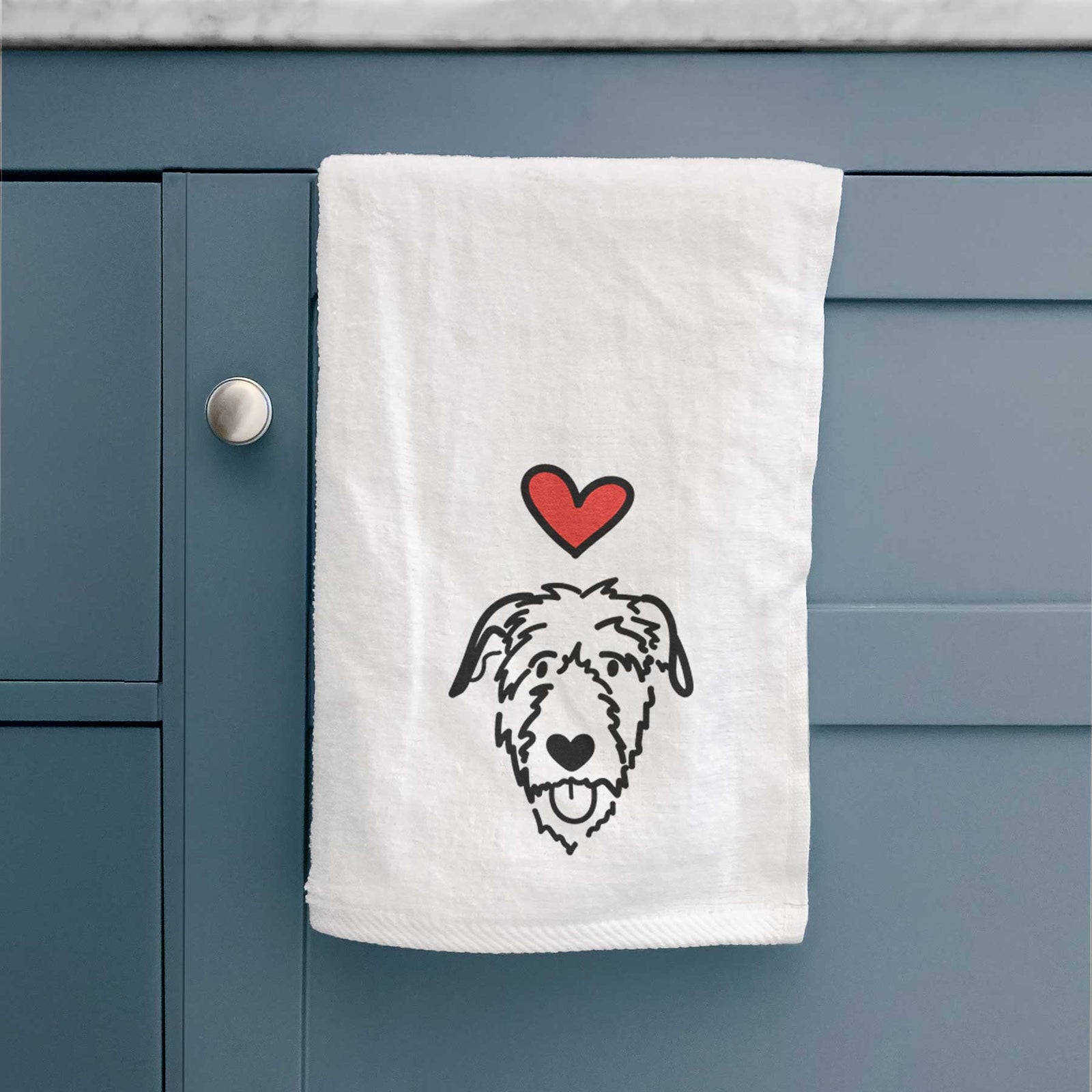Minimalist line drawing of an Irish Wolfhound with a red heart on a decorative hand towel